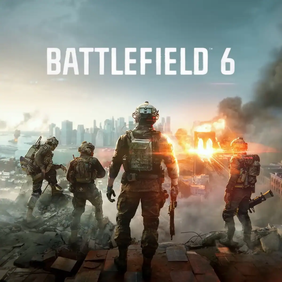 Advanced military soldiers battling in a cityscape with explosions in Battlefield 6 game.