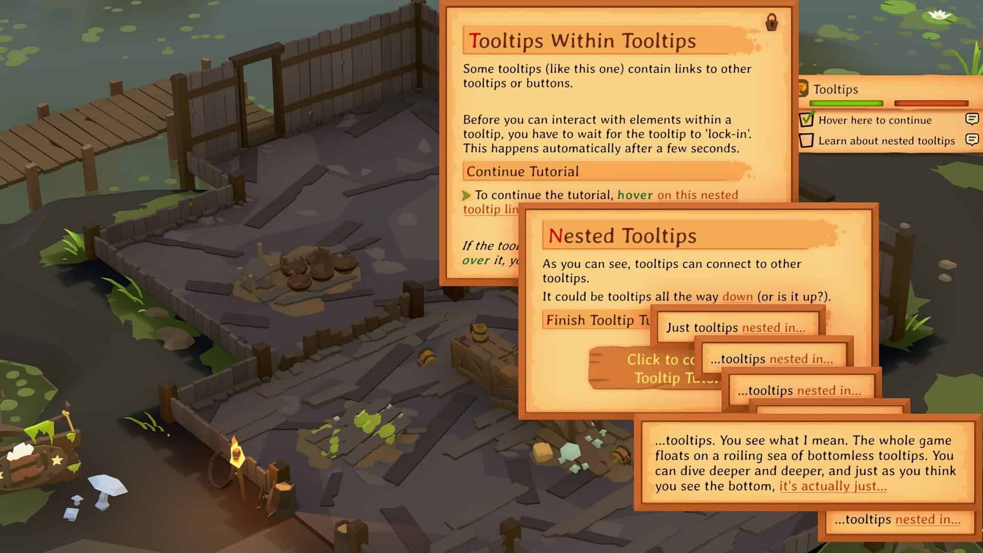A screenshot from Tavern Keeper showing overlapping tooltips, as a tutorial on Nested Tooltips.