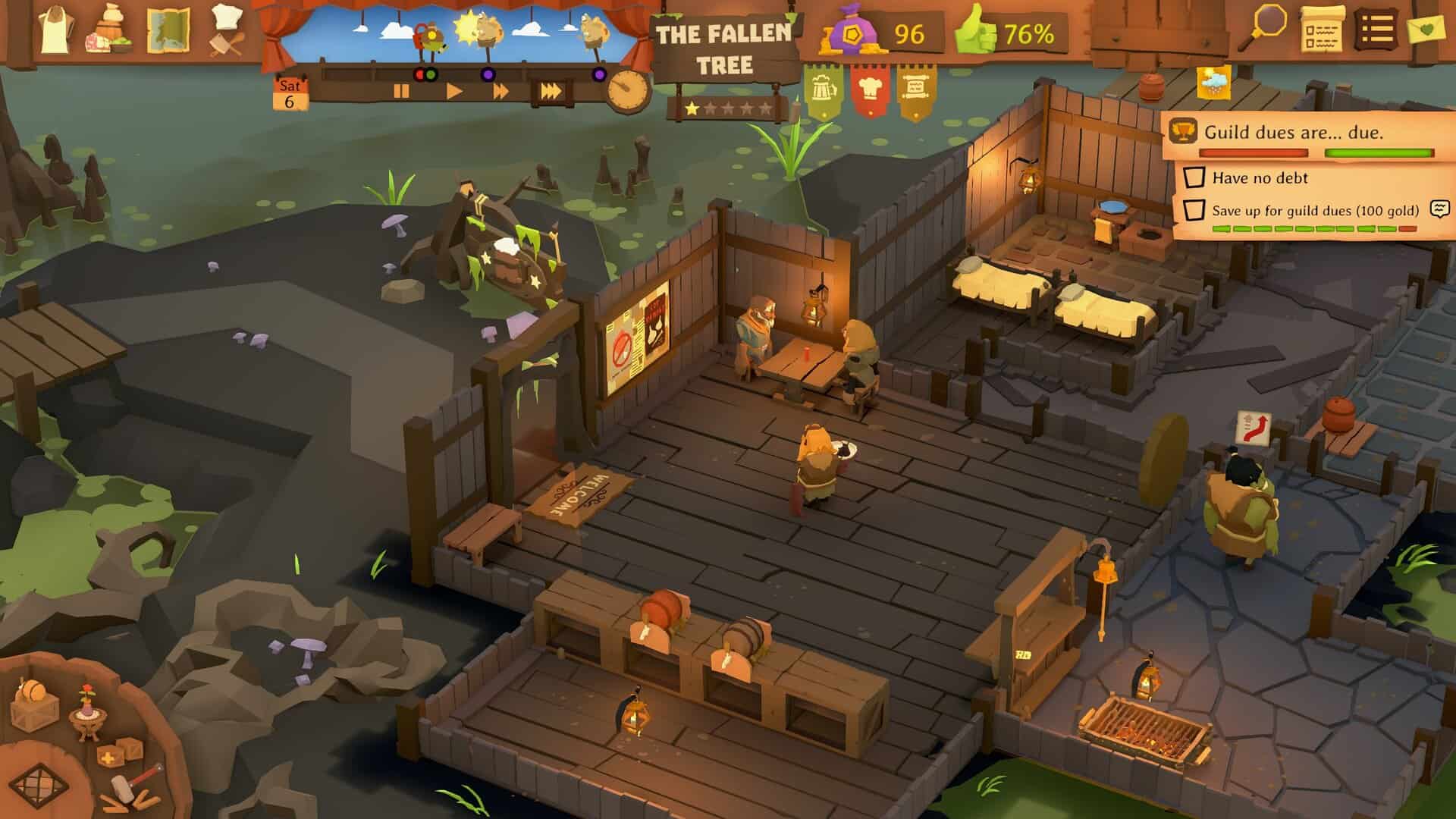 A screenshot from Tavern Keeper, showing a relatively bar bones wooden tavern from an isometric view.
