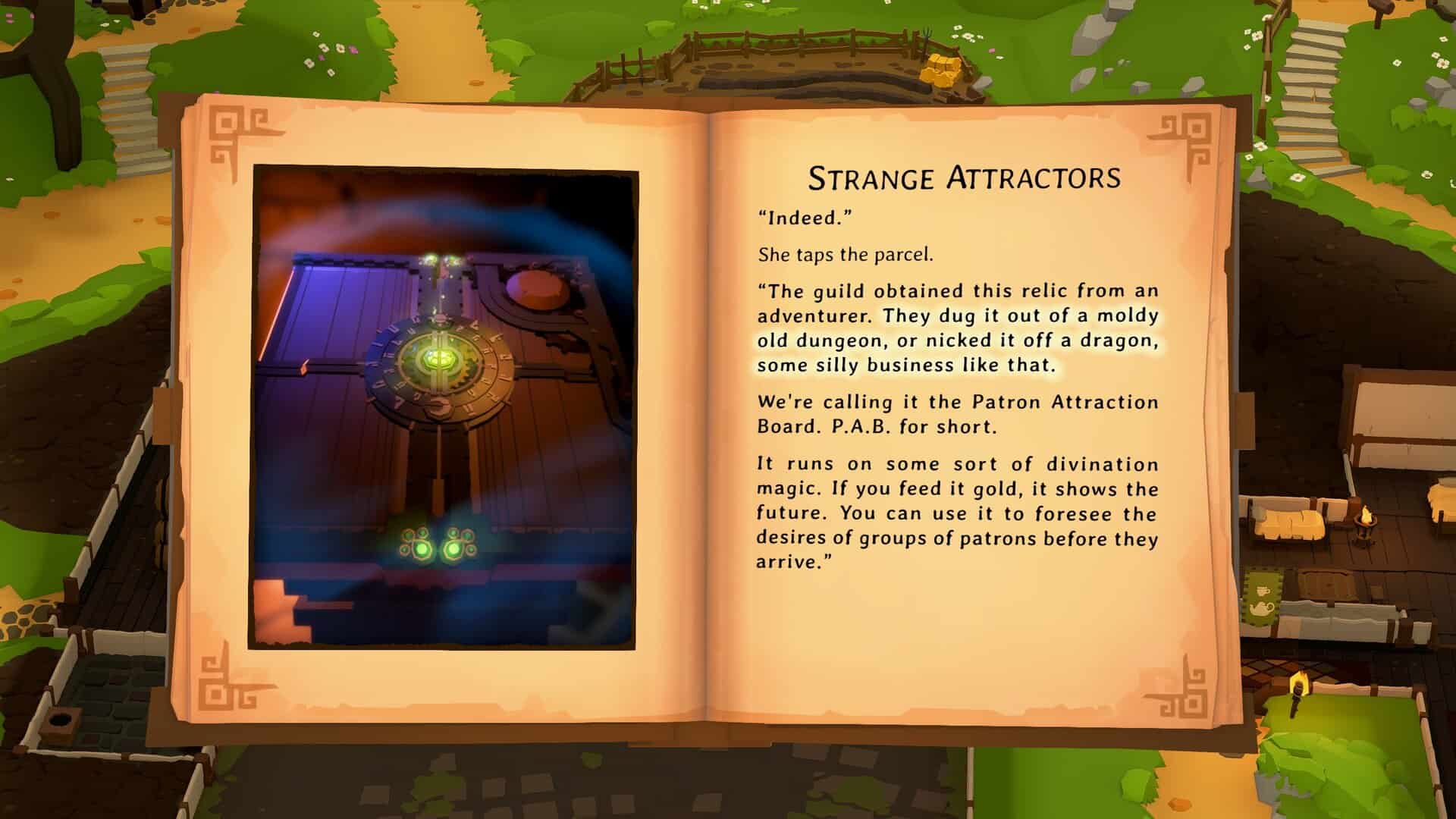 A screenshot from the Story Book in Tavern Keeper, showing a book with an image of a magical device on the left side and the text of the story on the right side.