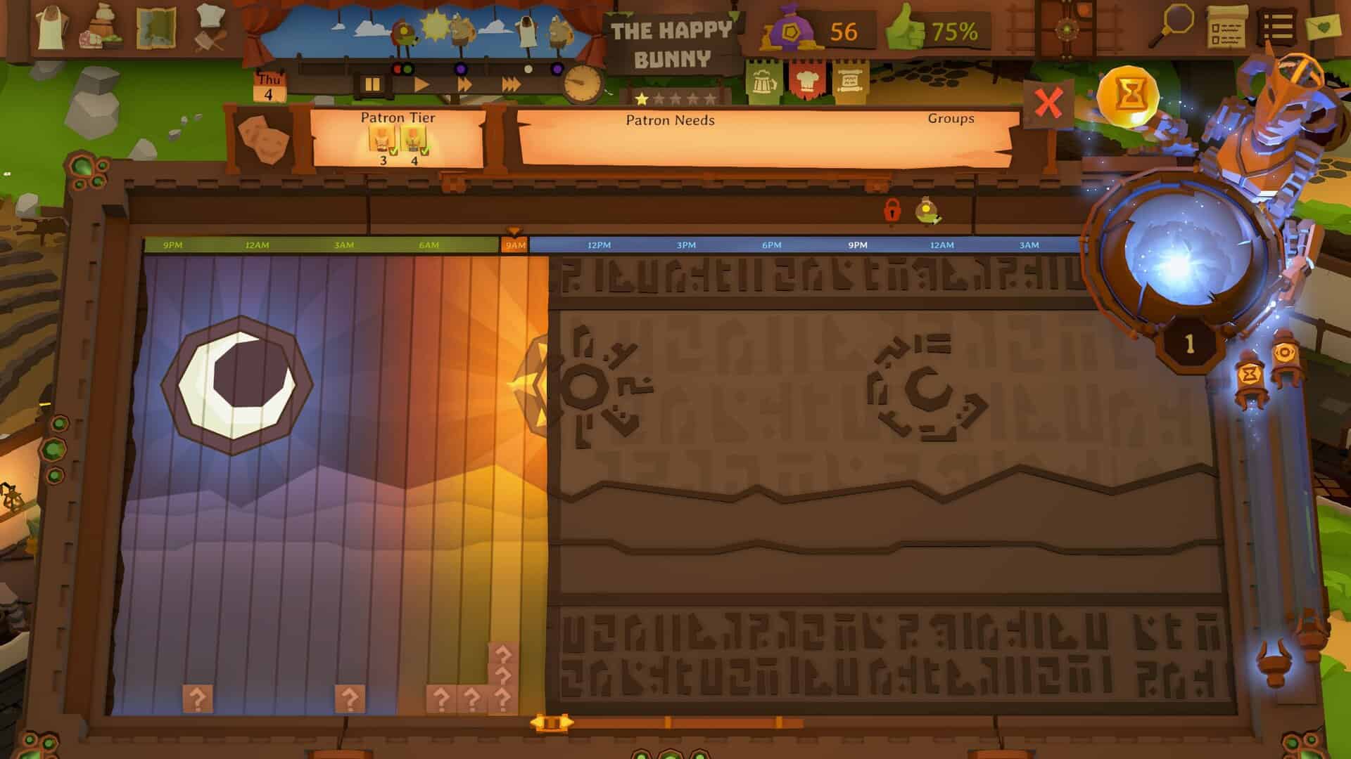 A screenshot from the calendar in Tavern Keeper, showing the number of customers that might arrive at different times of day.