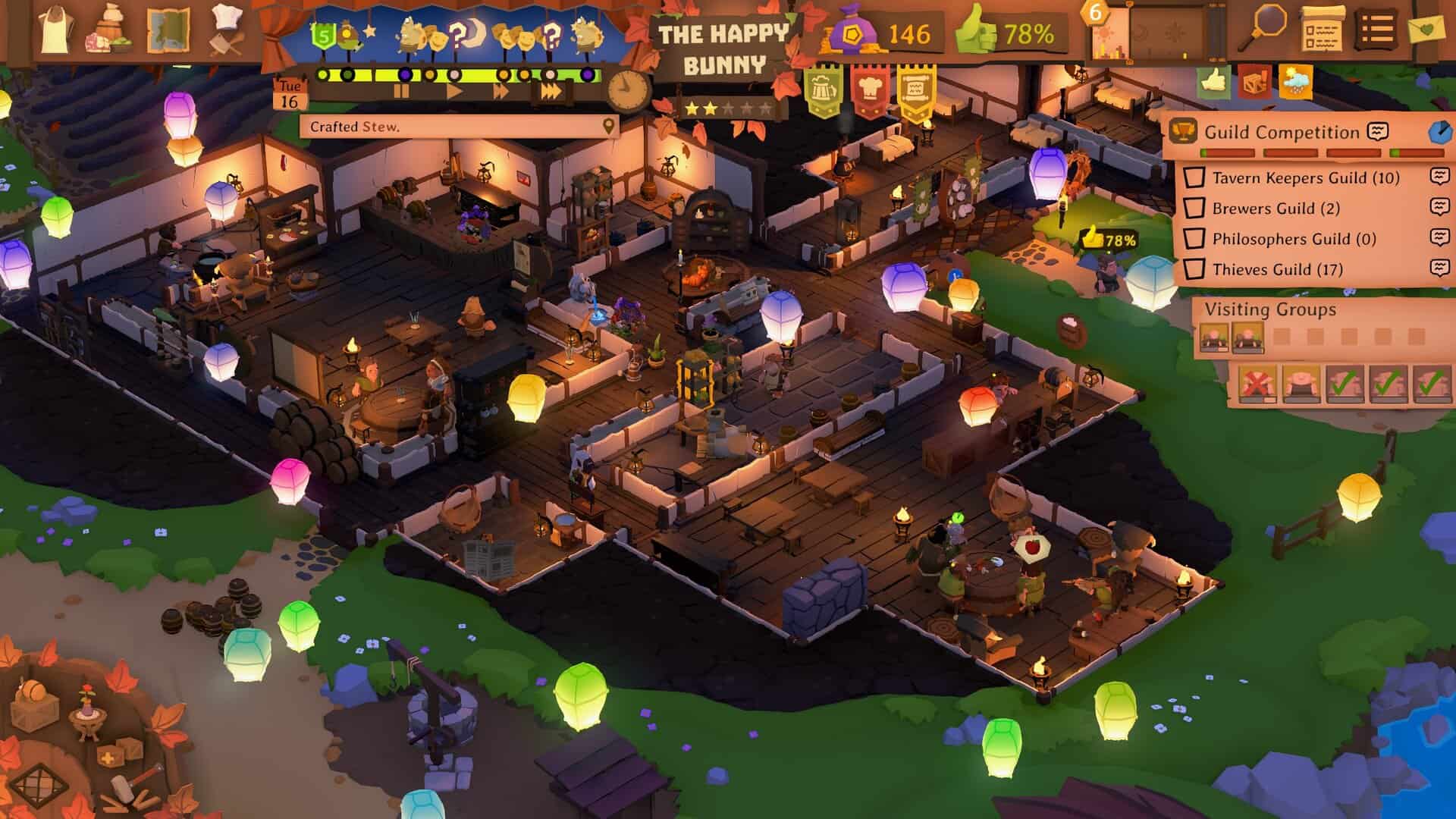 A screenshot from Tavern Keeper showing a large tavern during a celebration, with dozens of patrons drinking and glowing balloons flying around the screen.