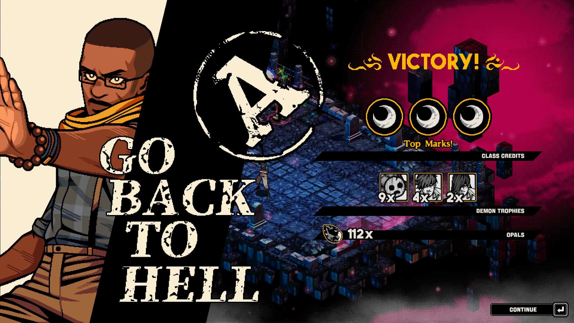 A reward screen for Demonschool with top marks and a text saying "Go Back To Hell"