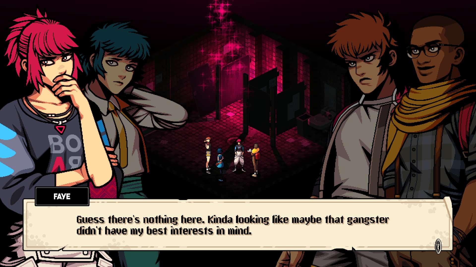 Characters discussing how a room seems like a dead end