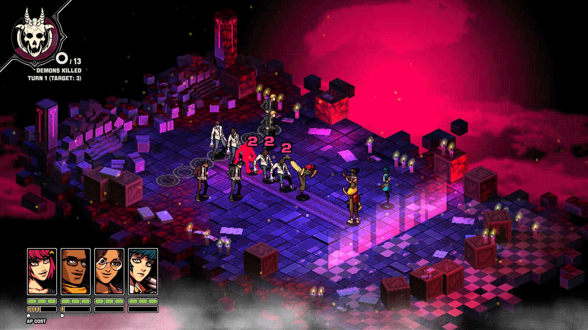 A battle in Demonschool, set on a grid featuring Faye kicking several zombies into each other