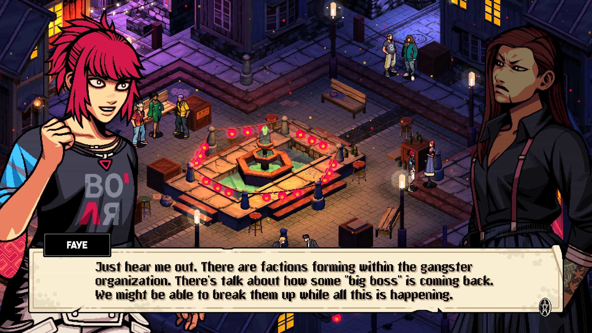 Faye explaining the machinations of the gangsters to another girl