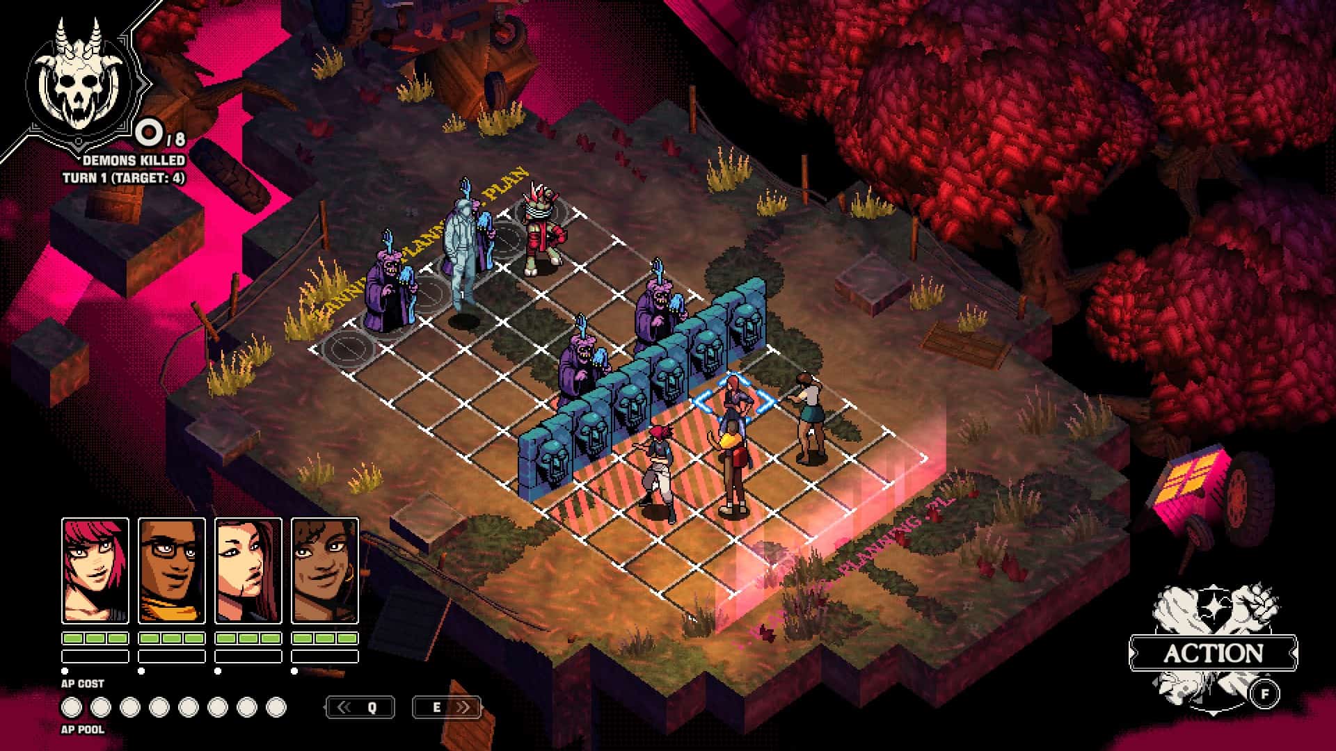 An encounter featuring blocking shields that prevent the four player characters from moving forward on a grid
