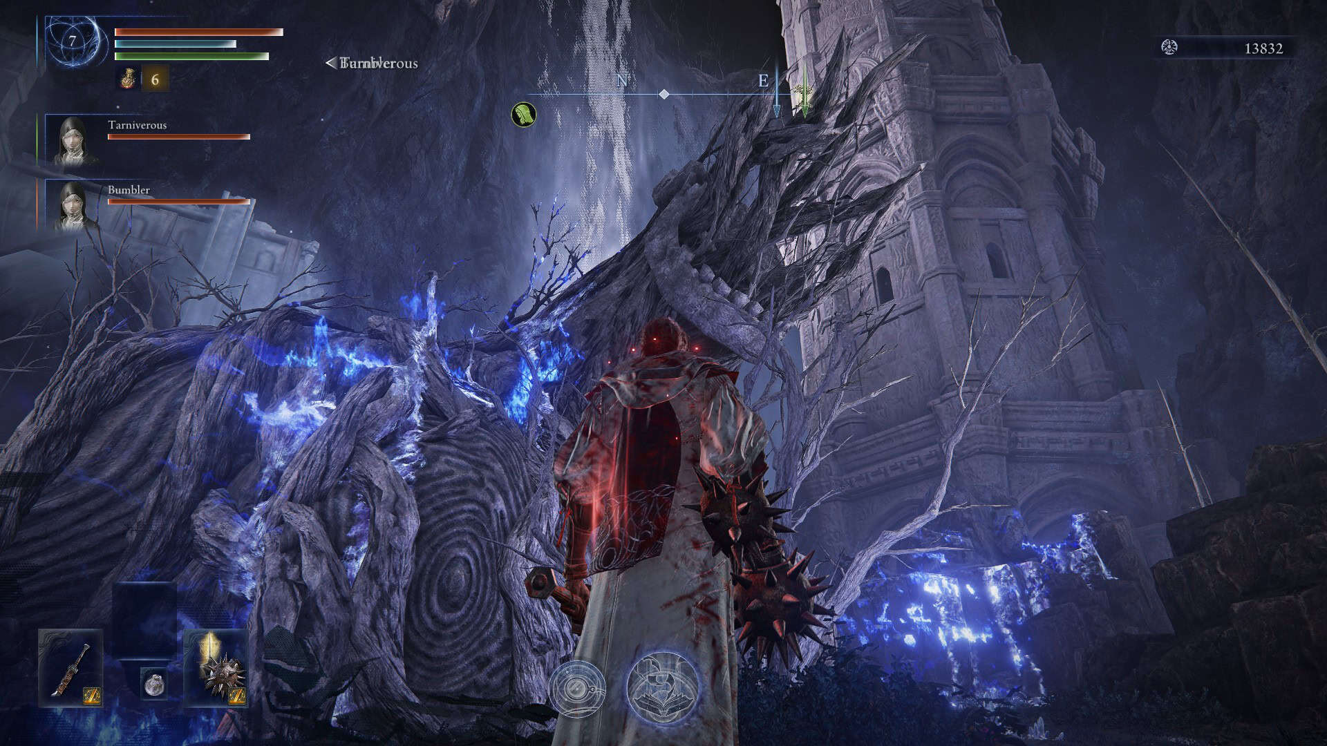 A mangled corpse of a dead giant, with The Scholar character standing in front of it, in the Forsaken Hollow