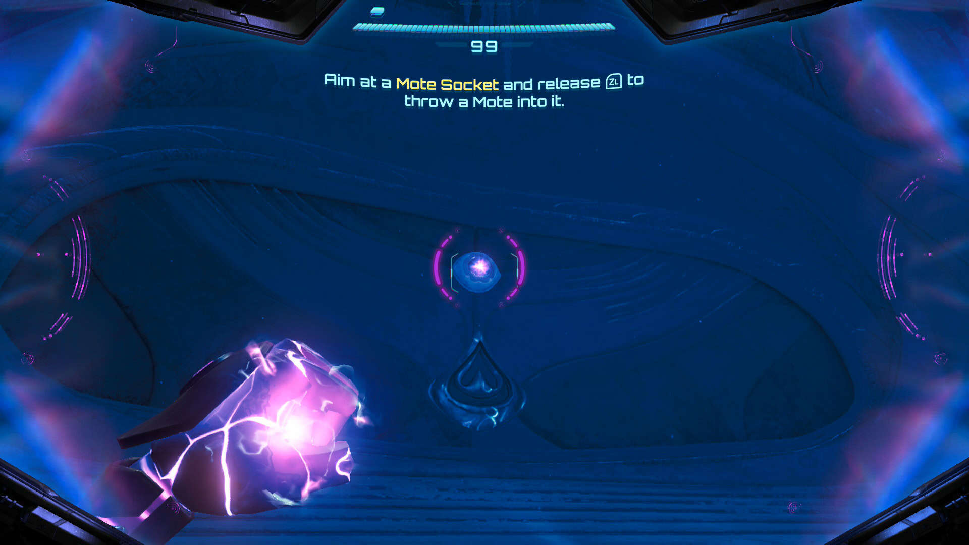 Samus using the psychic glove and visor to control a mote and activate a switch