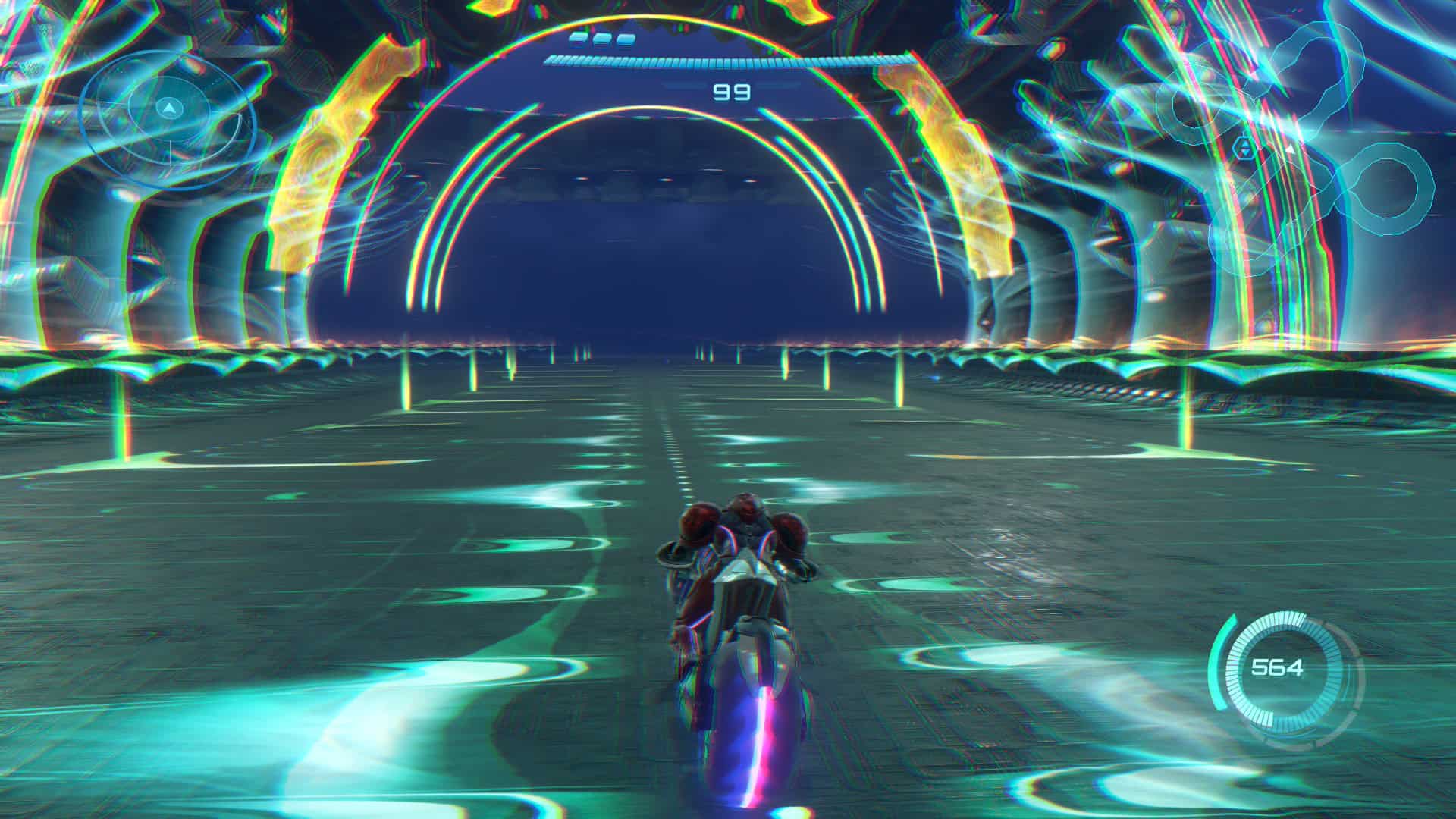 Samus riding a mortocycle on a futuristic race track