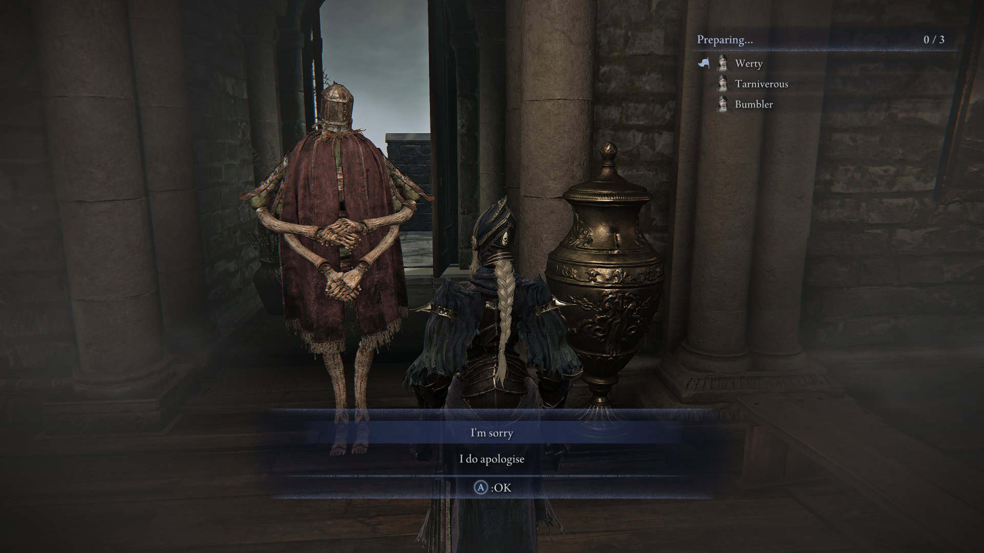 A choice between saying "I'm sorry" and "I do apologise" by the Undertaker character to the Iron Menial character.