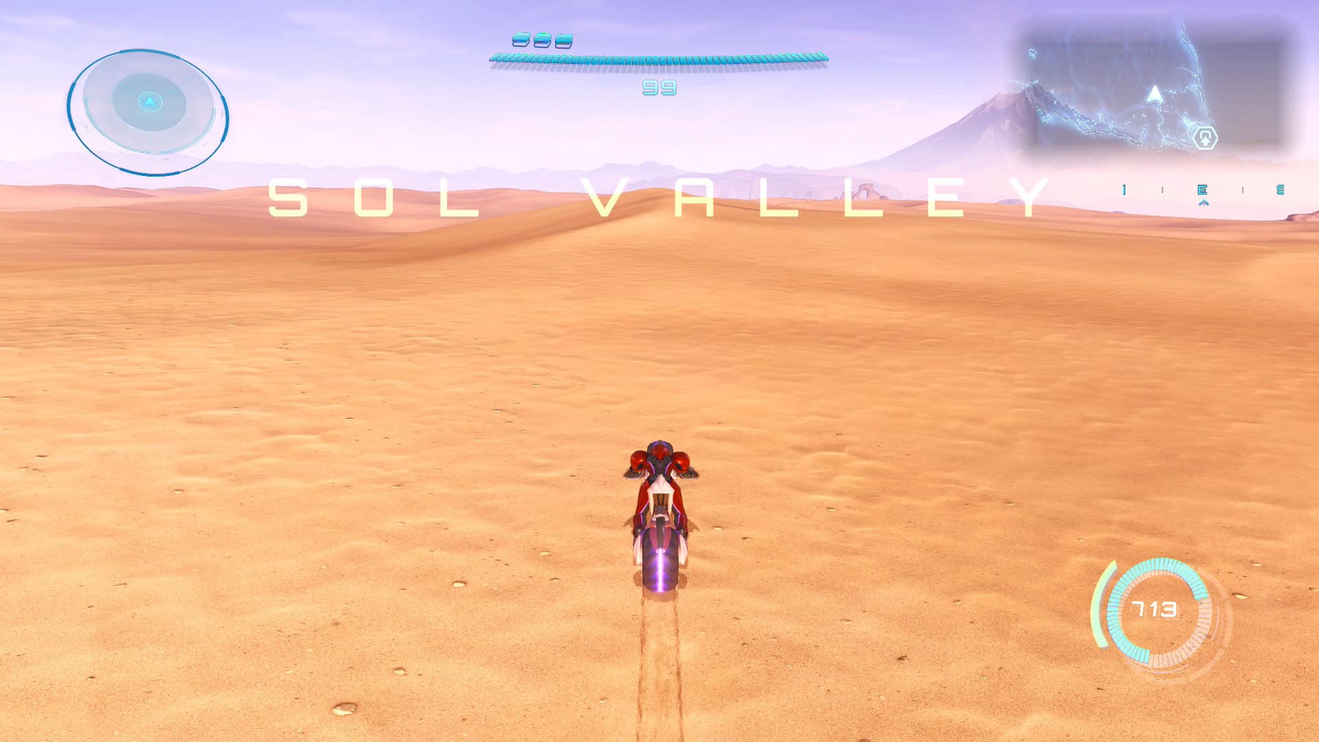 Samus on a motorcycle riding in a desert