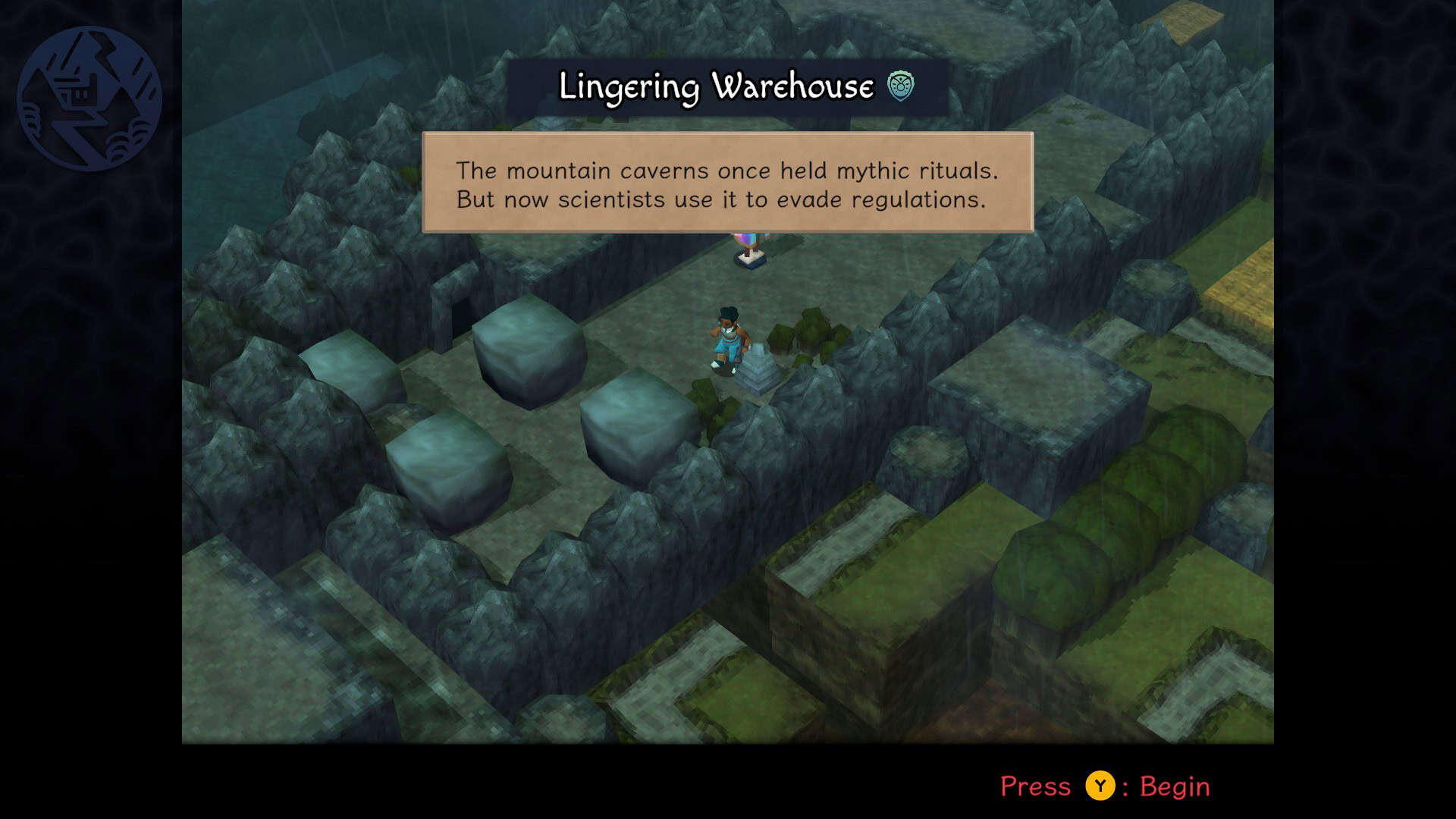 The overworld of Angeline Era. The highlighted level reads: Lingering Warehouse. The mountain caverns once held mythic rituals. But now scientists use it to evade regulations.