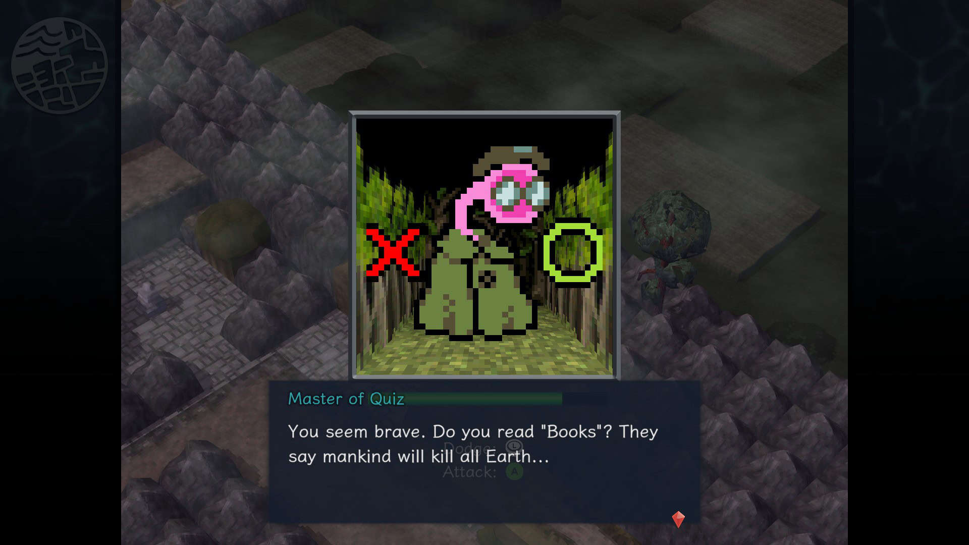 A pink creature in a coat called "Master of Quiz" stands in front of Tets, saying "You seem brave. Do you read "Books"? They say mankind will kill all Earth...