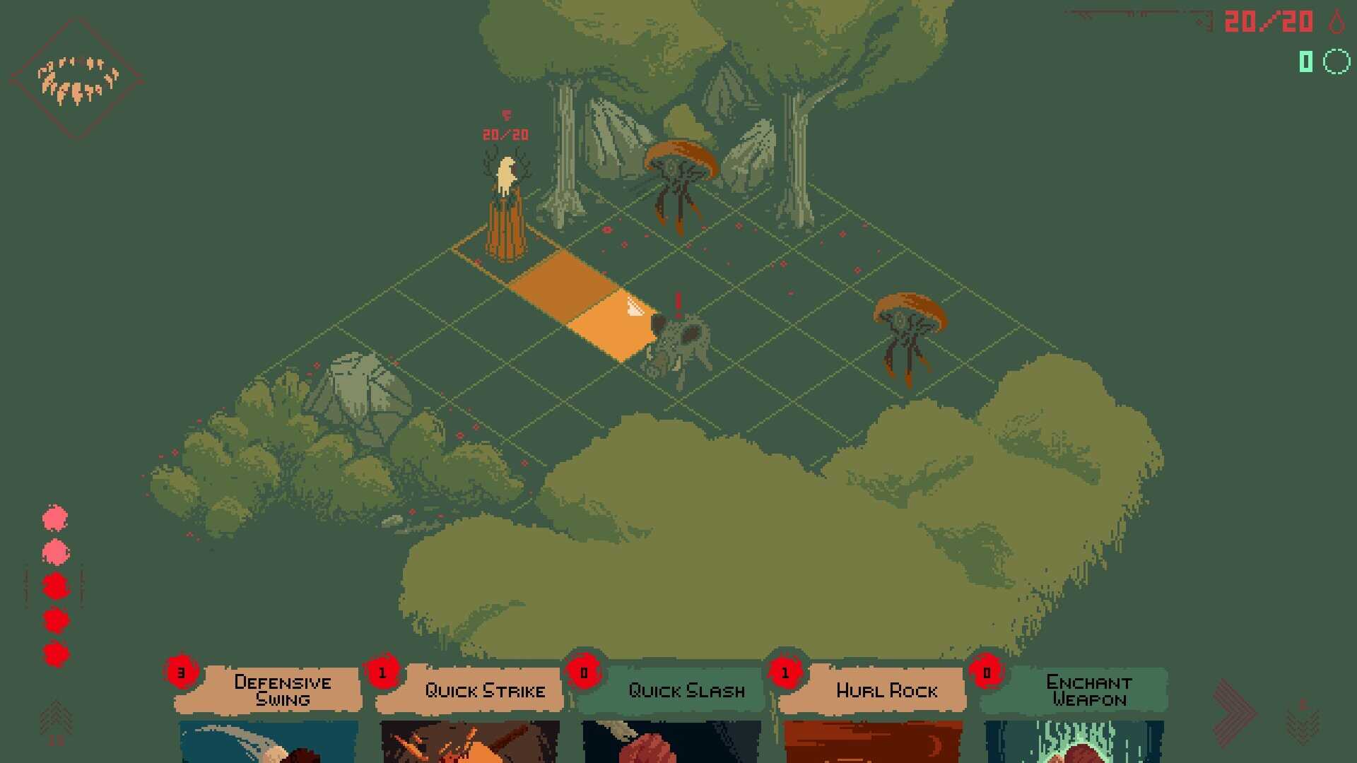 Death Howl screenshot showing the combat grid where the protagonist is fighting a boar and two floating mushroom-like creatures.