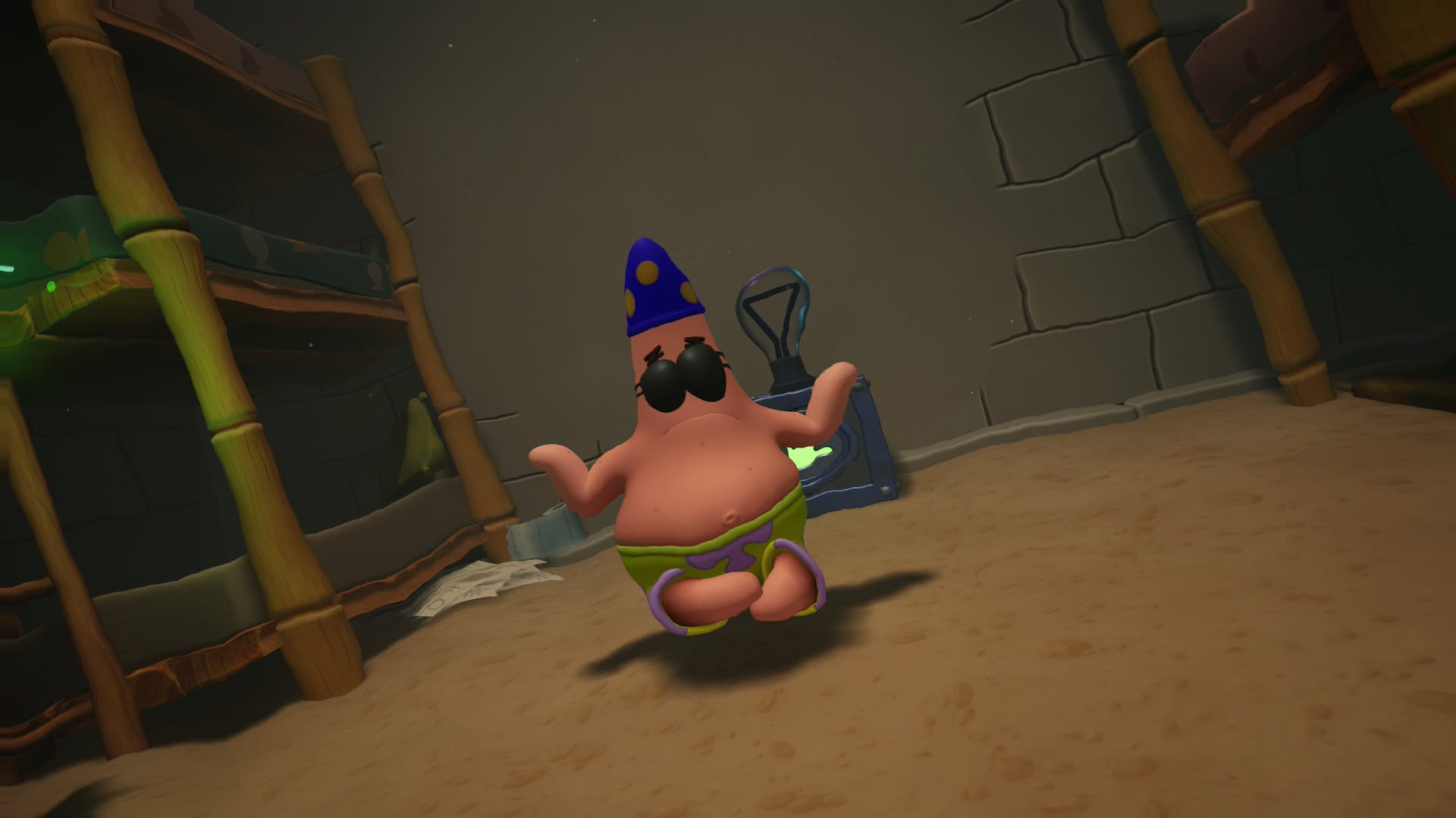 Patrick wearing two eye patches and meditating. 
