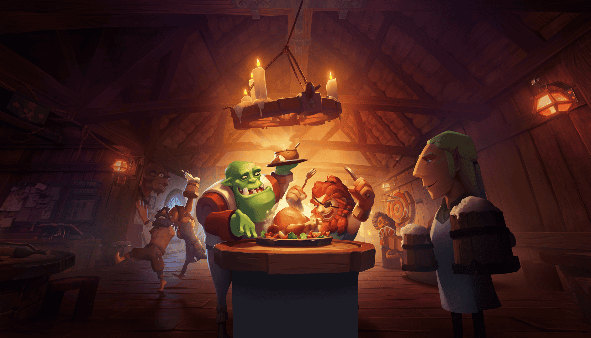Tavern Keeper Key Art showing an orc and a dwarf sitting at a tavern table with roasted chicken on the table.