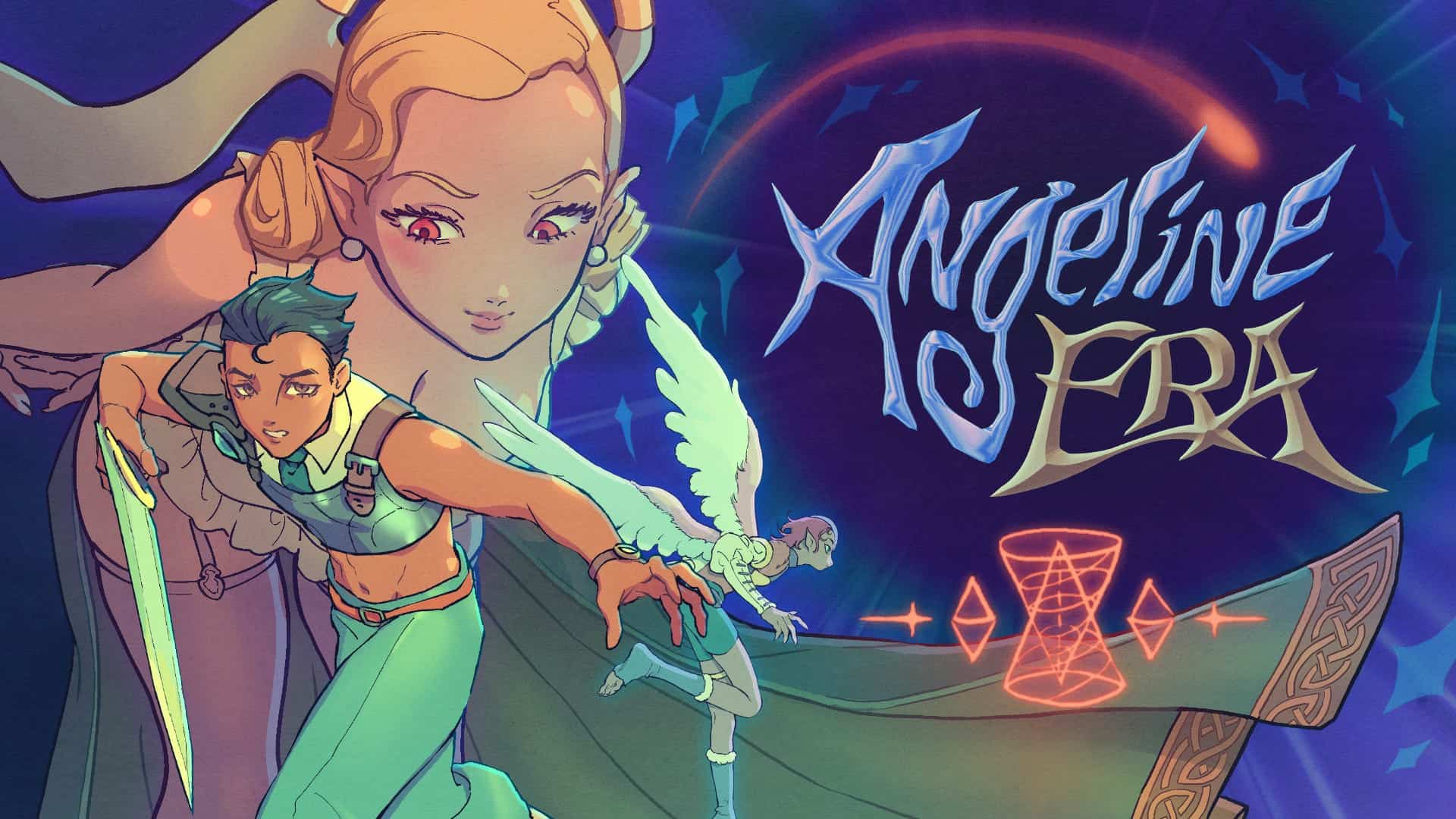 Logo of Angeline Era, the Fae Niahm looming over the protagonist Tets holding a sword
