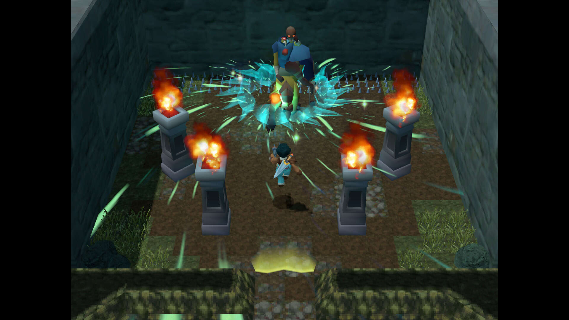 This image shows a screenshot of gameplay from the game Angeline Era, a game with PS1 graphics where the hero is fighting a boss surrounded by pillars in a small courtyard.