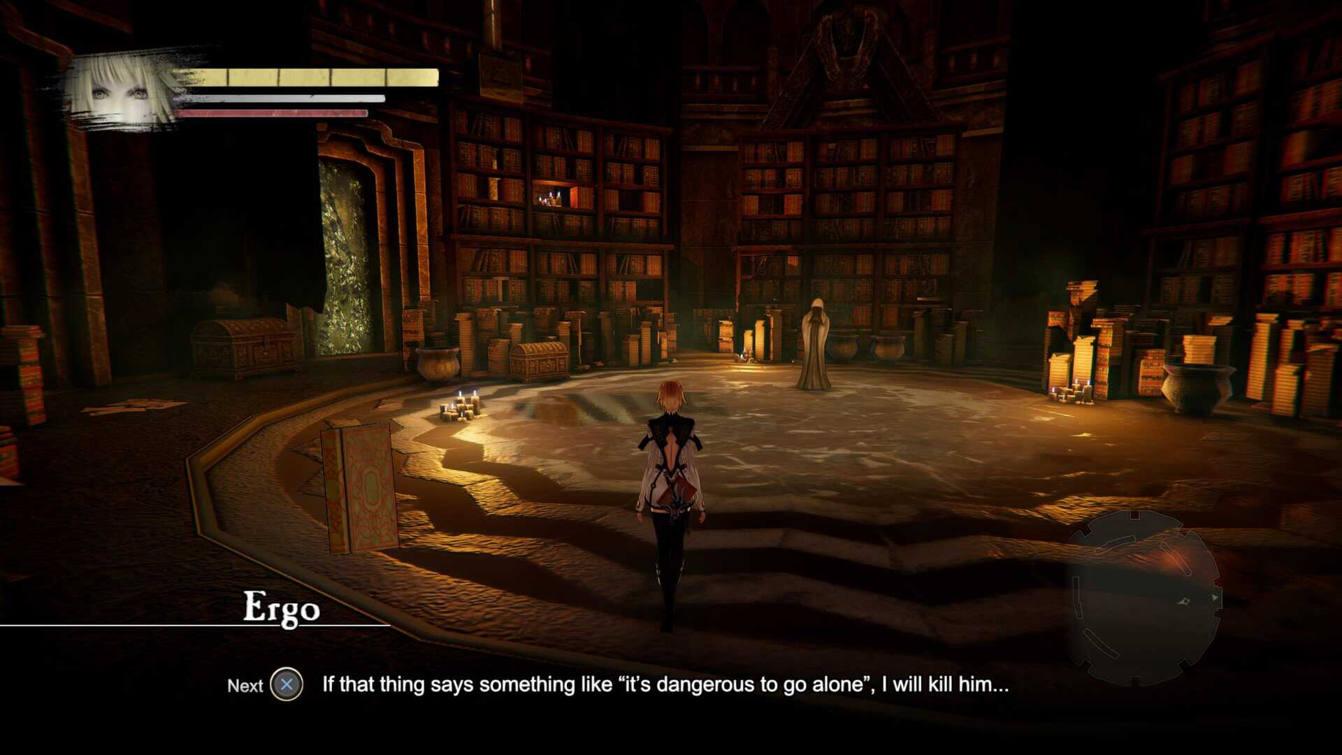A young woman stands in a library filled with books, candles, and an cloaked figure stands across from her