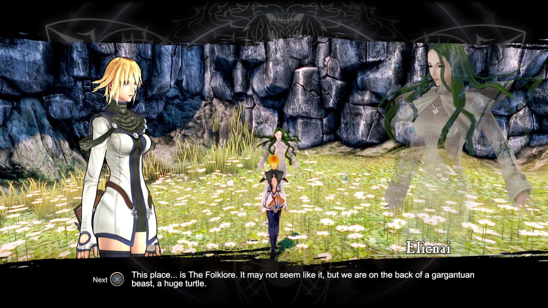 A conversation between a young woman and a ghostly woman standing in a field of daisies, a cliff face nearby
