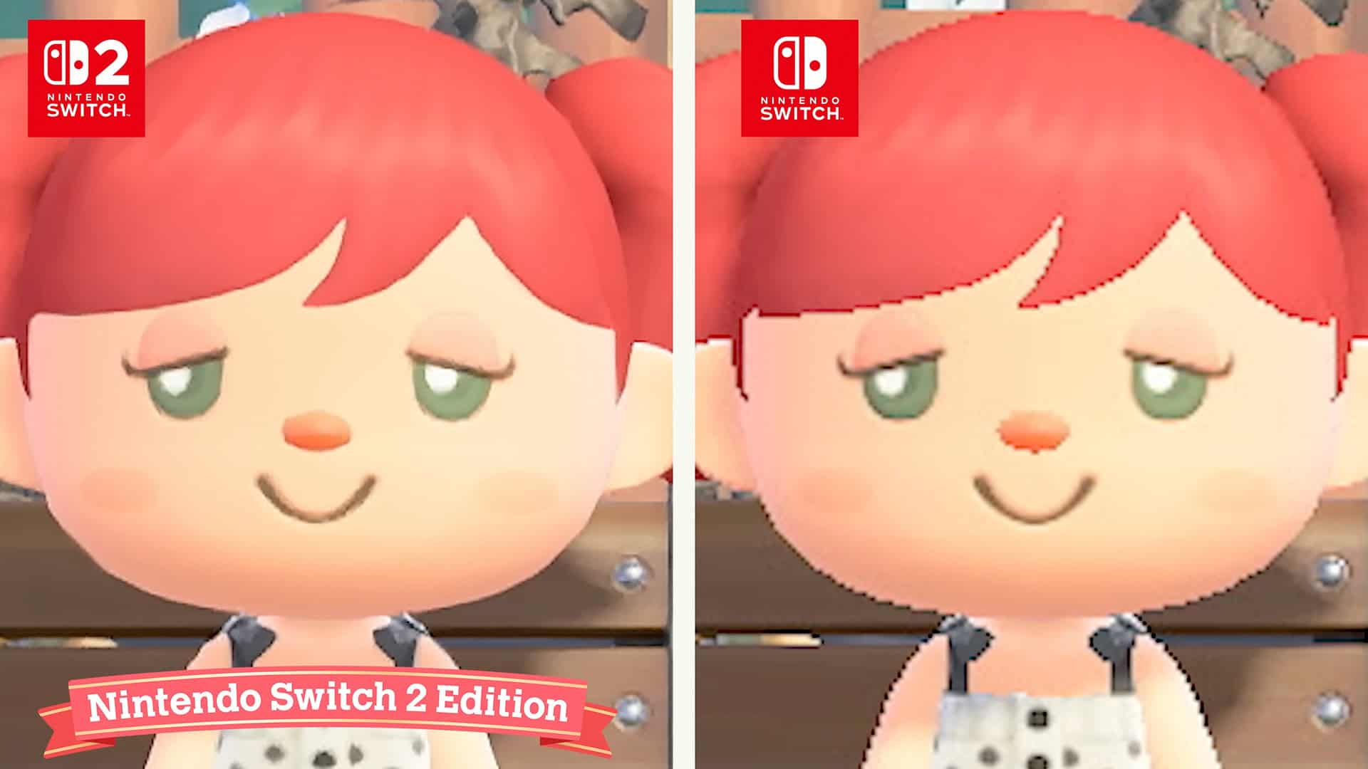 Animal Crossing New Horizons Switch 2 comparison screenshot showing a character's face texture side-by-side