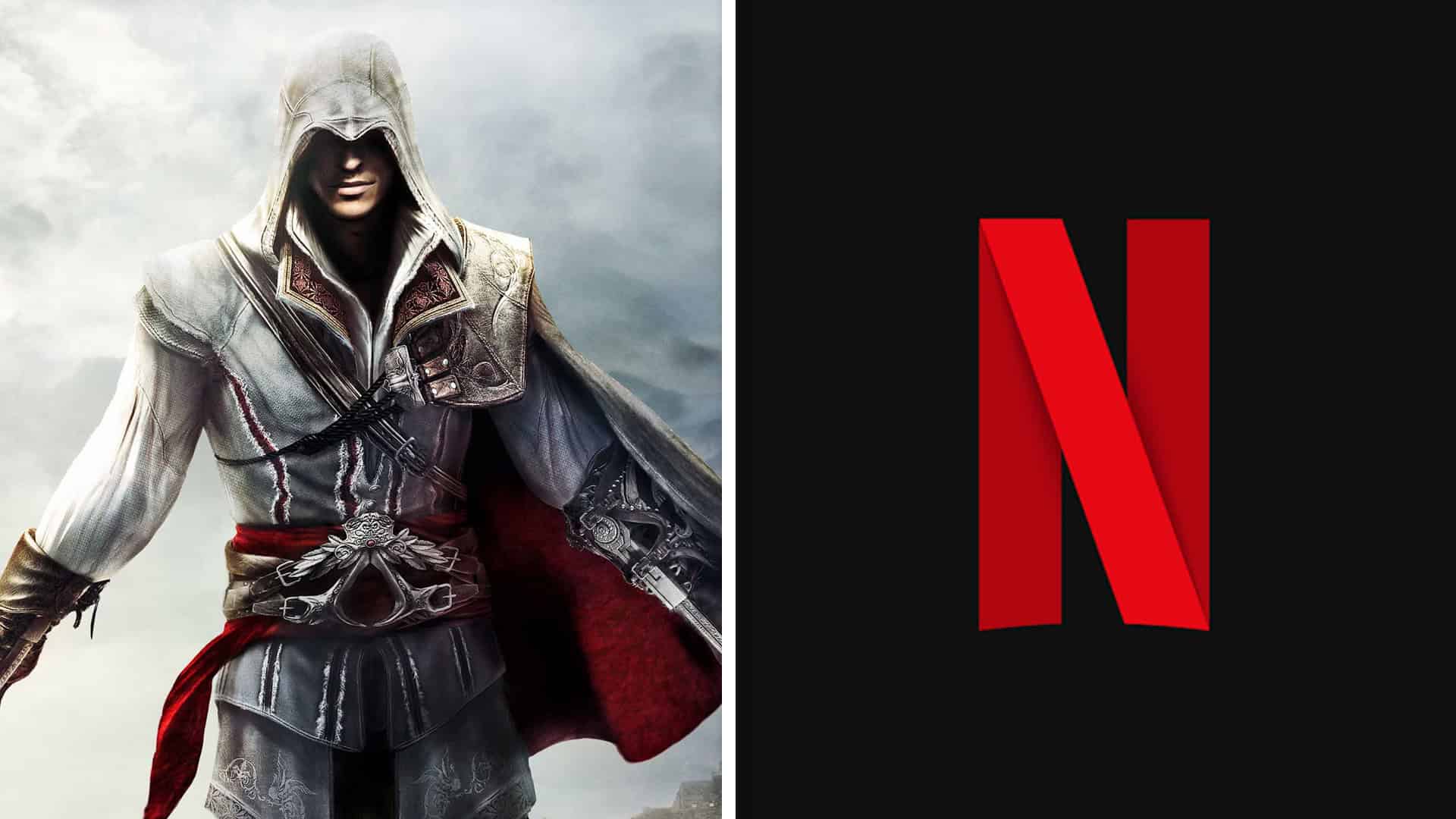 Assassin's Creed Ezio next to the Netflix logo in a side-by-side