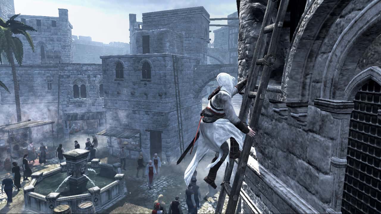 Assassin's Creed screenshot showing a hooded assassin climbing a ladder