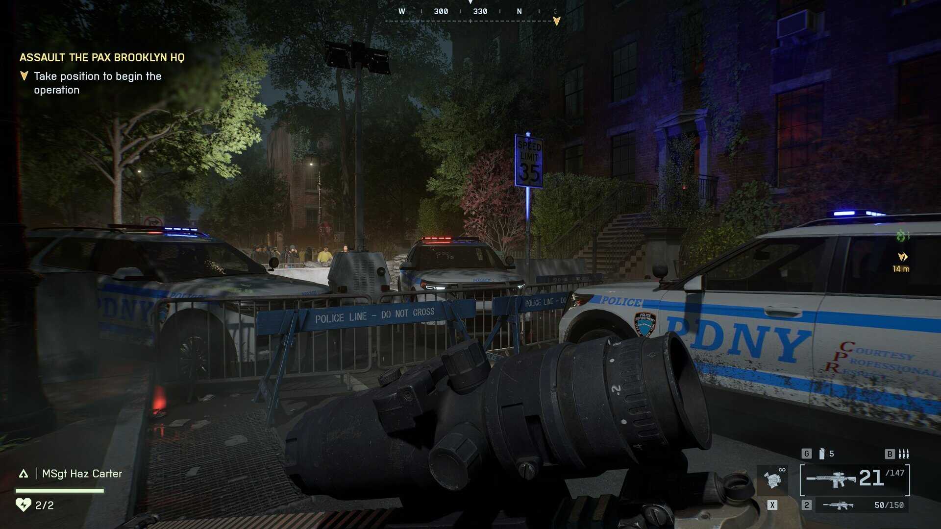 Battlefield 6 Brooklyn screenshot showing police cars and fenced off areas on the street.