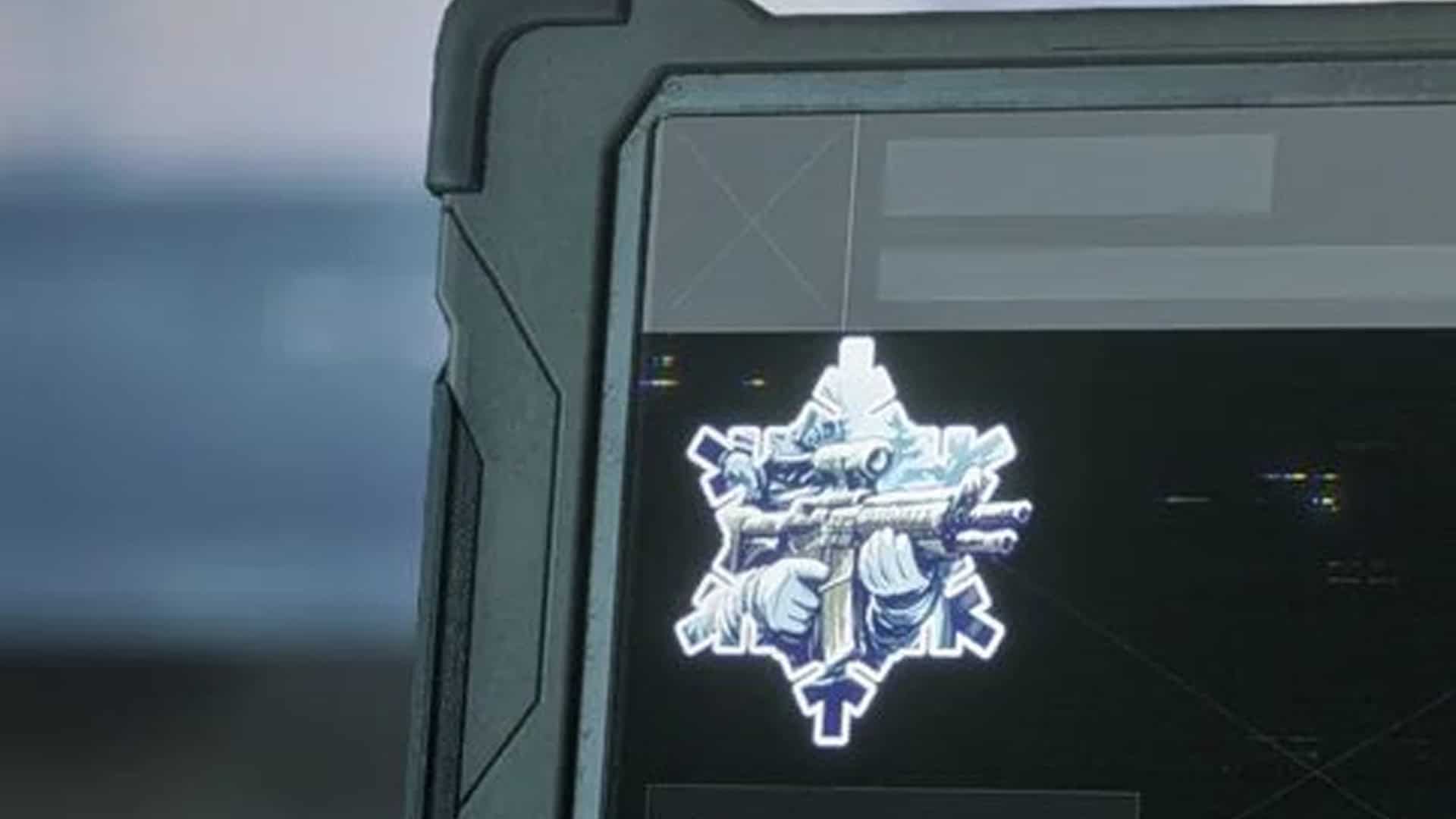 Winter Warning Battlefield 6 sticker in the shape of a snowflake, showing a soldier holding an assault rifle with two diagonal barrels. The finger holding the trigger appears to be clipping through the grip.
