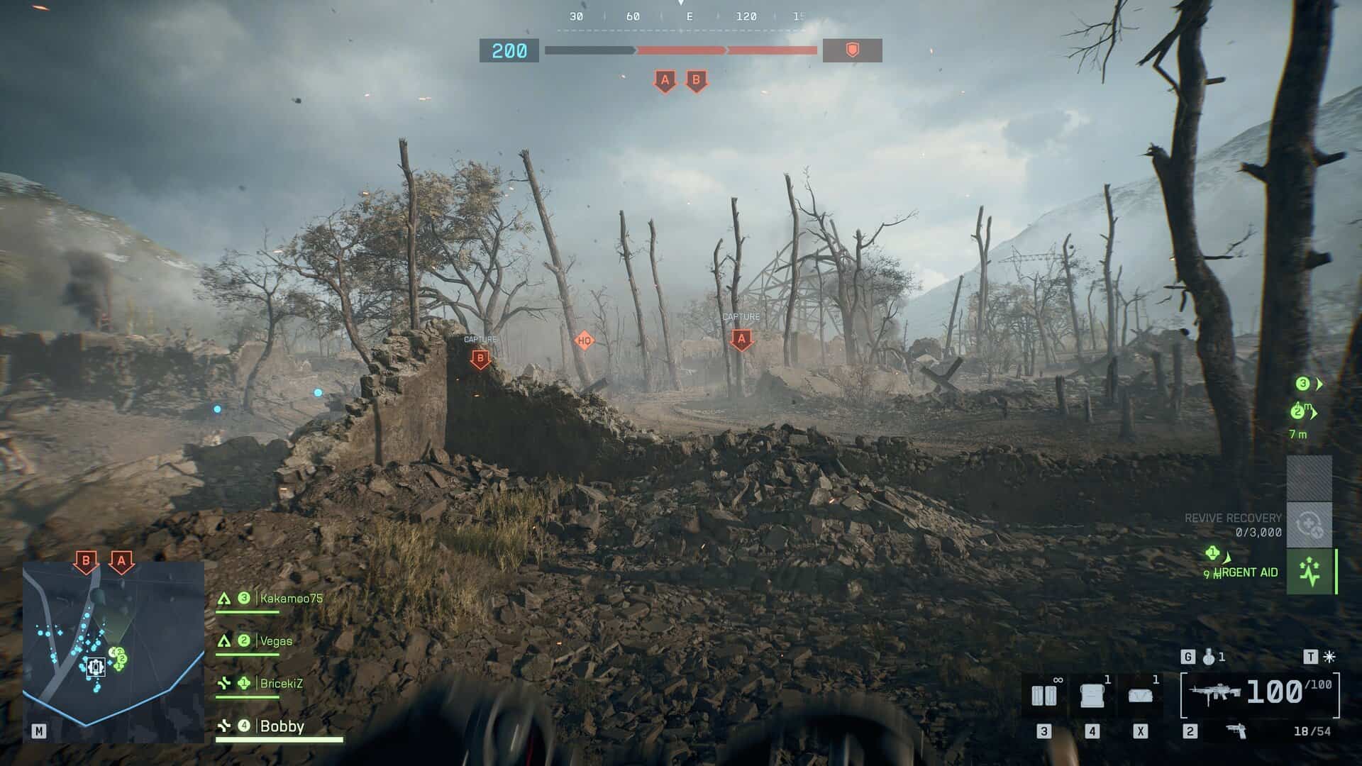 A Battlefield 6 multiplayer screenshot showing damaged and dead trees across a field, with objectives to capture.