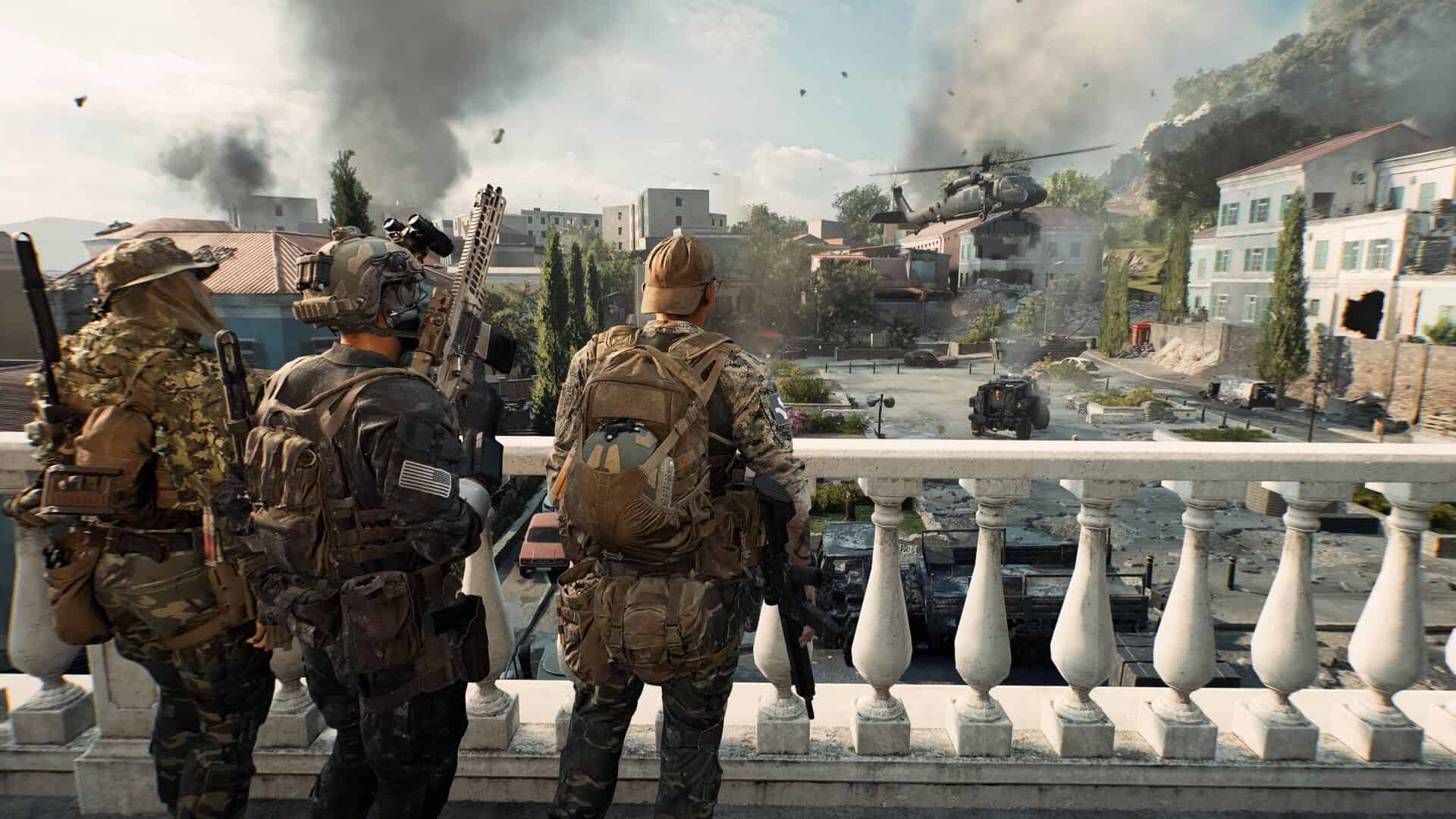 Battlefield 6 screenshot with a helicopter landing in front of a squad of players