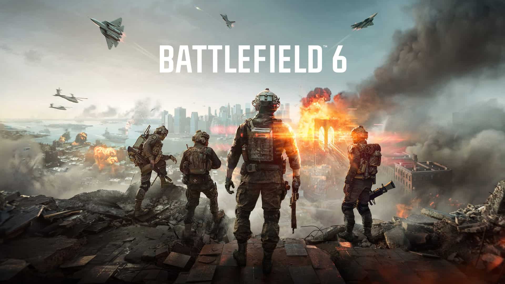 Battlefield 6 key art showing a squad of four soldiers overlooking explosions, smoke and wreckage.
