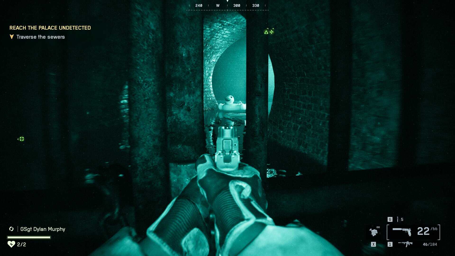 A Battlefield 6 screenshot from a sewer campaign level showing an inflate pool rubber ducky.