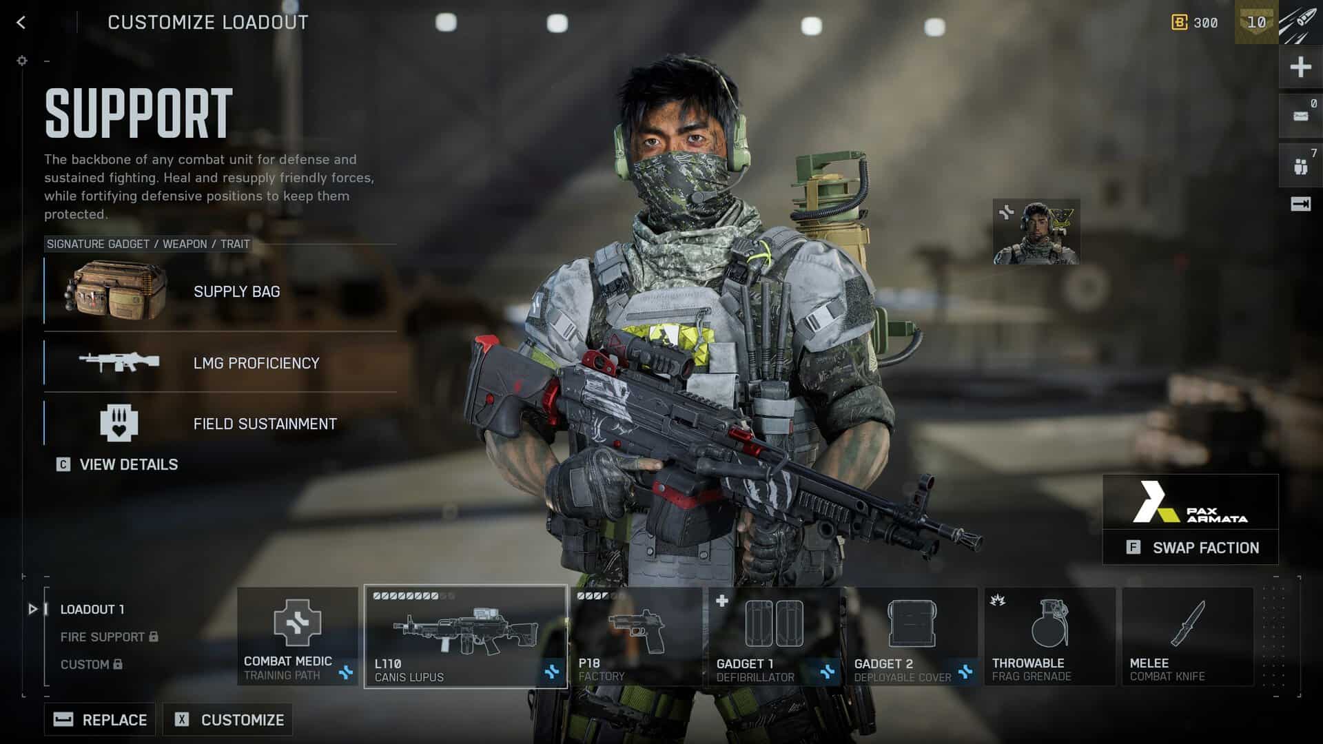 A Battlefield 6 screenshot showing a support class player loadout.