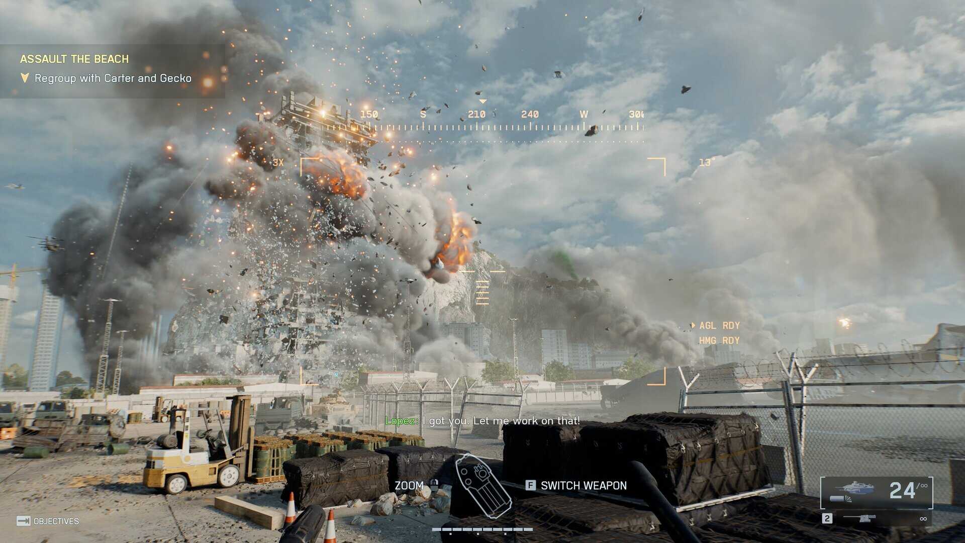 A screenshot from Battlefield 6 showing a tower being destroyed in an explosion.