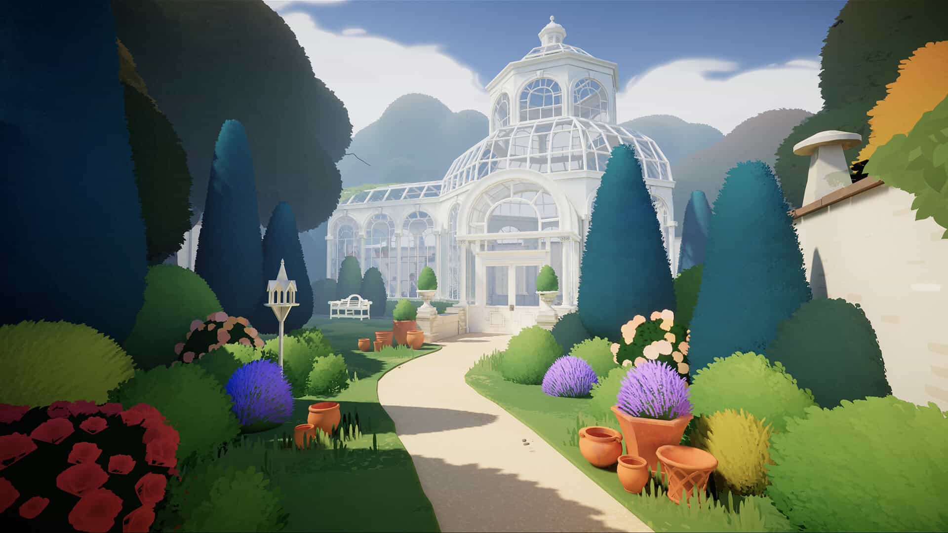 A beautiful and lush landscape around a manor.