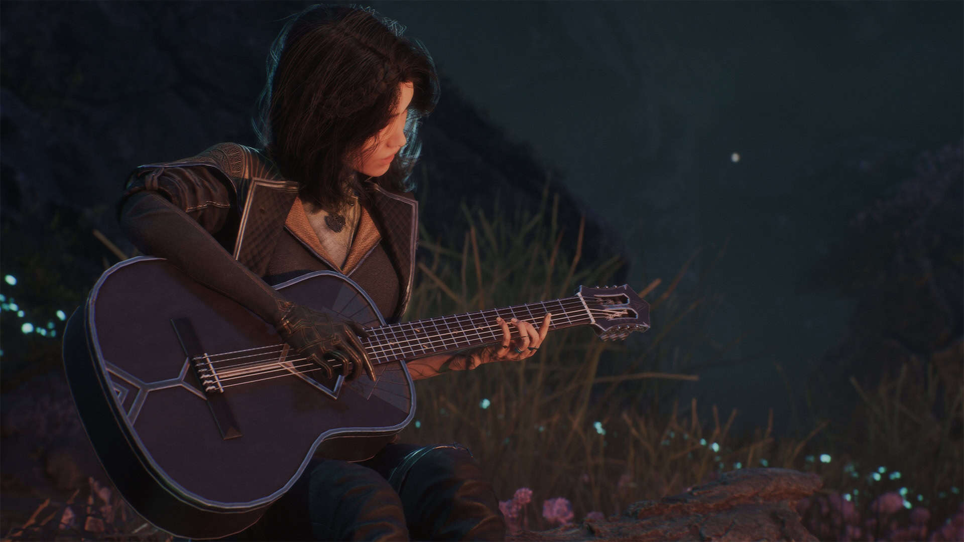 A screenshot of a character holding a guitar in Clair Obscur: Expedition 33
