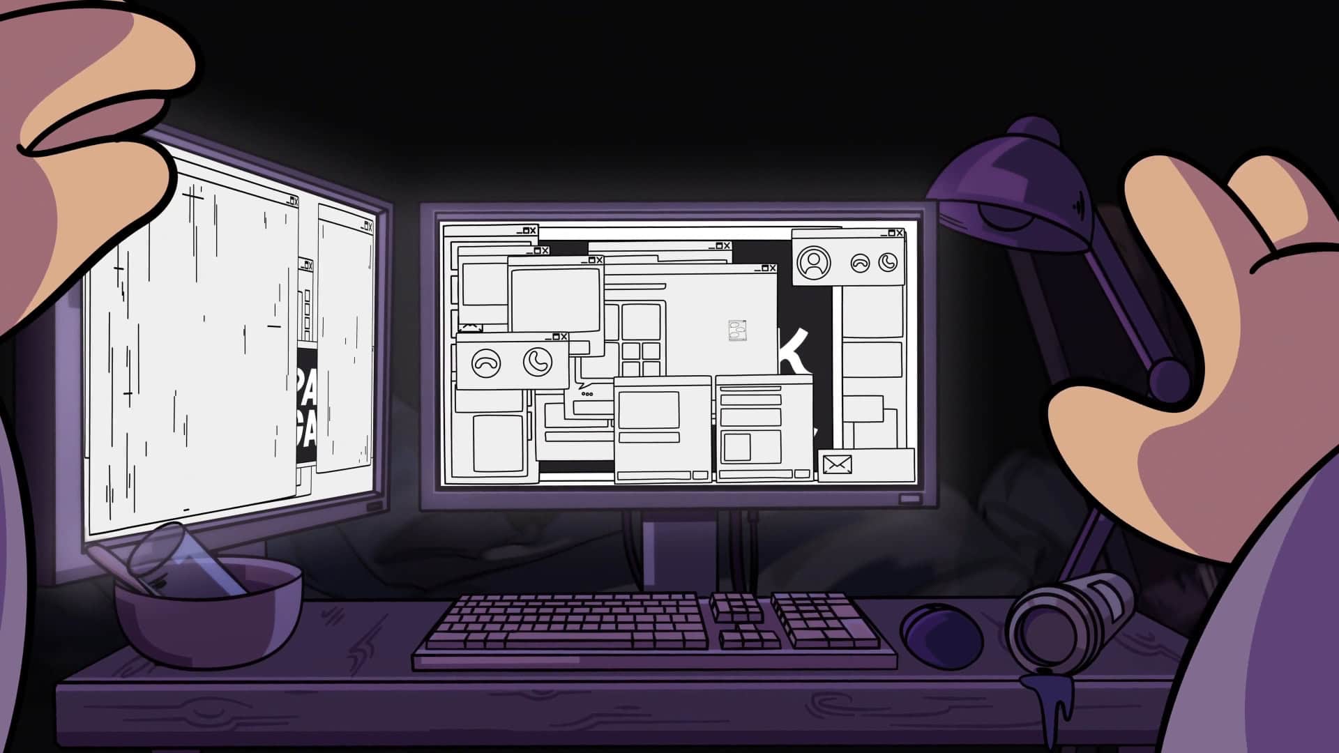 A computer screen framed by cartoon hands, as the screen is overwhelemed with out of focus windows.