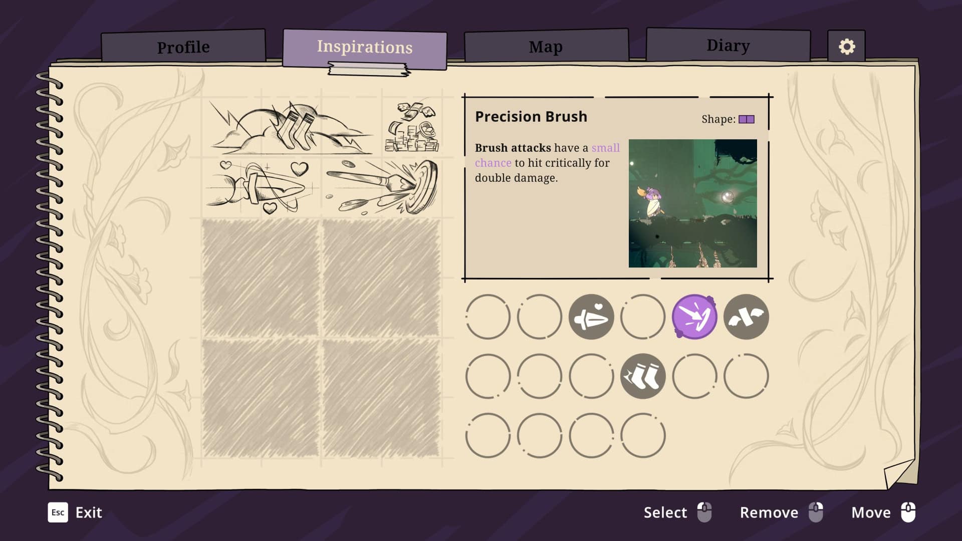 The inspirations menu, styled as a sketch pad covered in drawings with explanations of the effects of one of the items displayed to the right