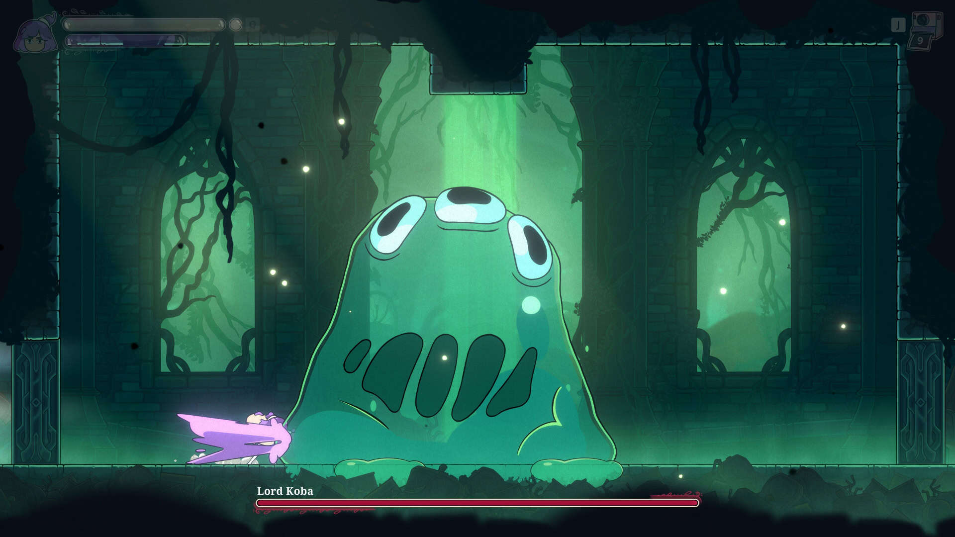 Constance fighting Lord Koba, a giant slime monster boss.