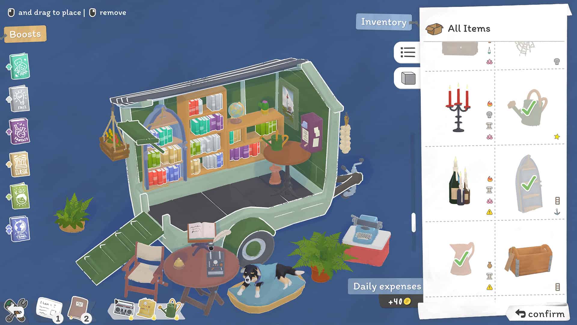 A screenshot of the bookshop customization page in Tiny Bookshop