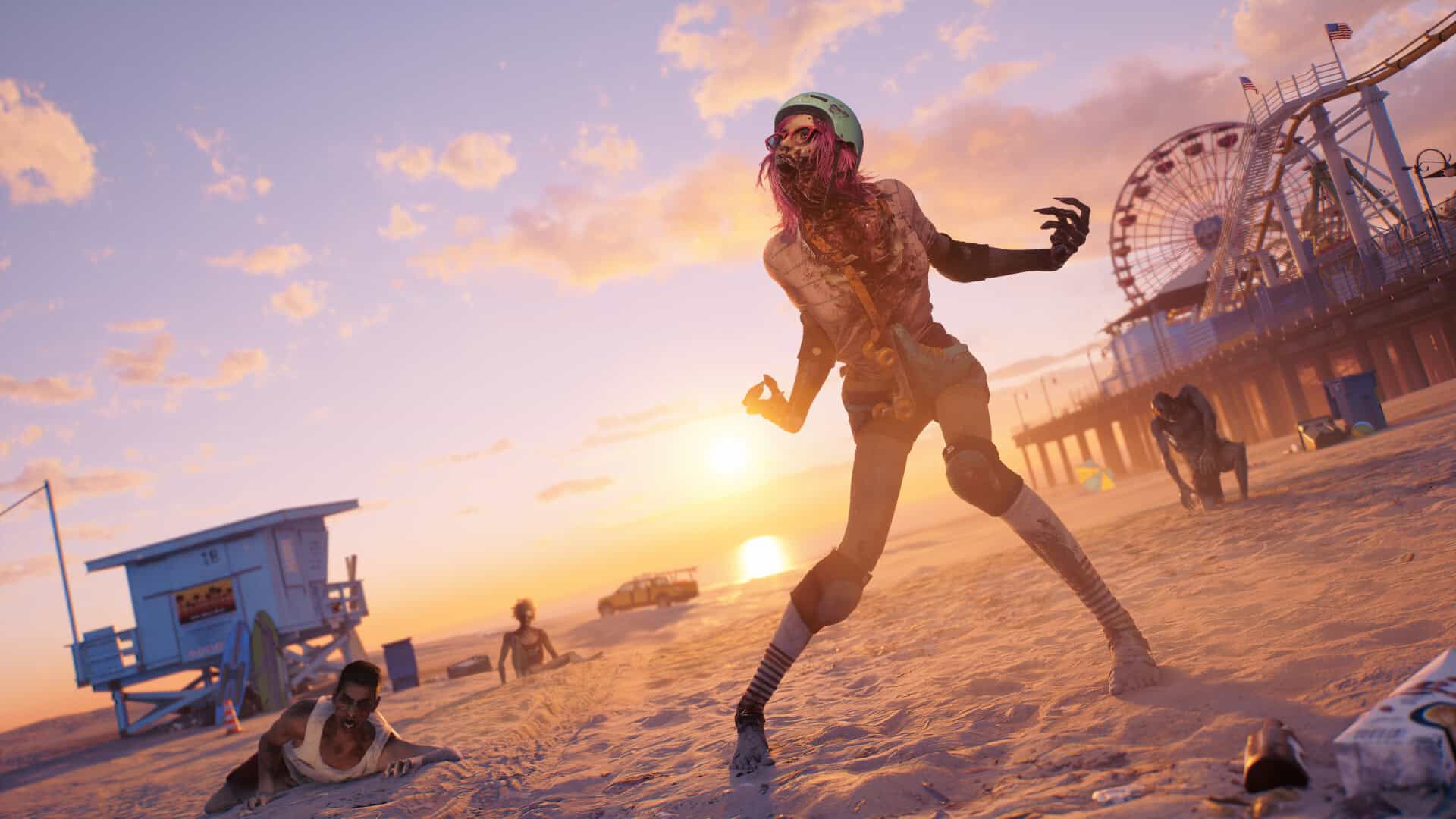 A Dead Island 2 screenshot featuring a female zombie on a beach with pink hair, knee pads and a helmet on.