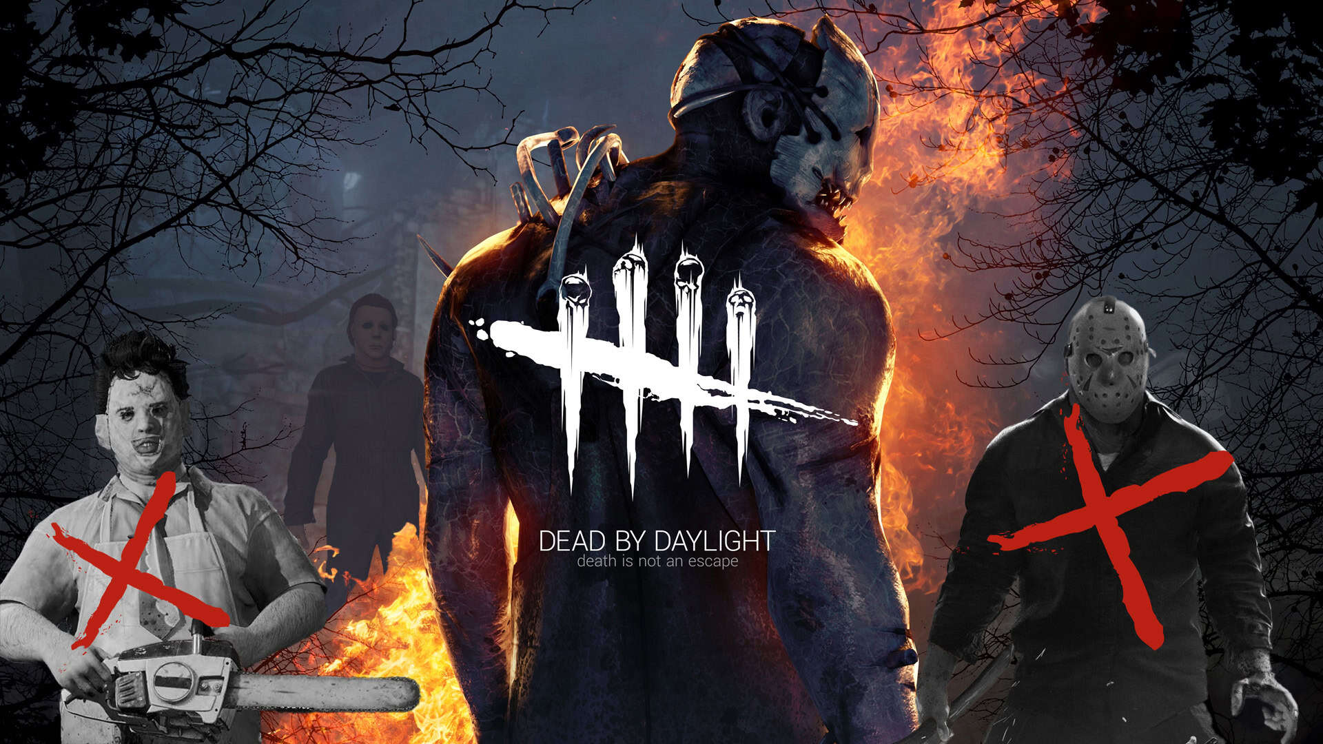 The Trapper on the Dead by Daylight logo, with a Leatherface and Jason Voorhees by his sides, greyed and crossed out in red blood. Michael Myers stands in front of him.