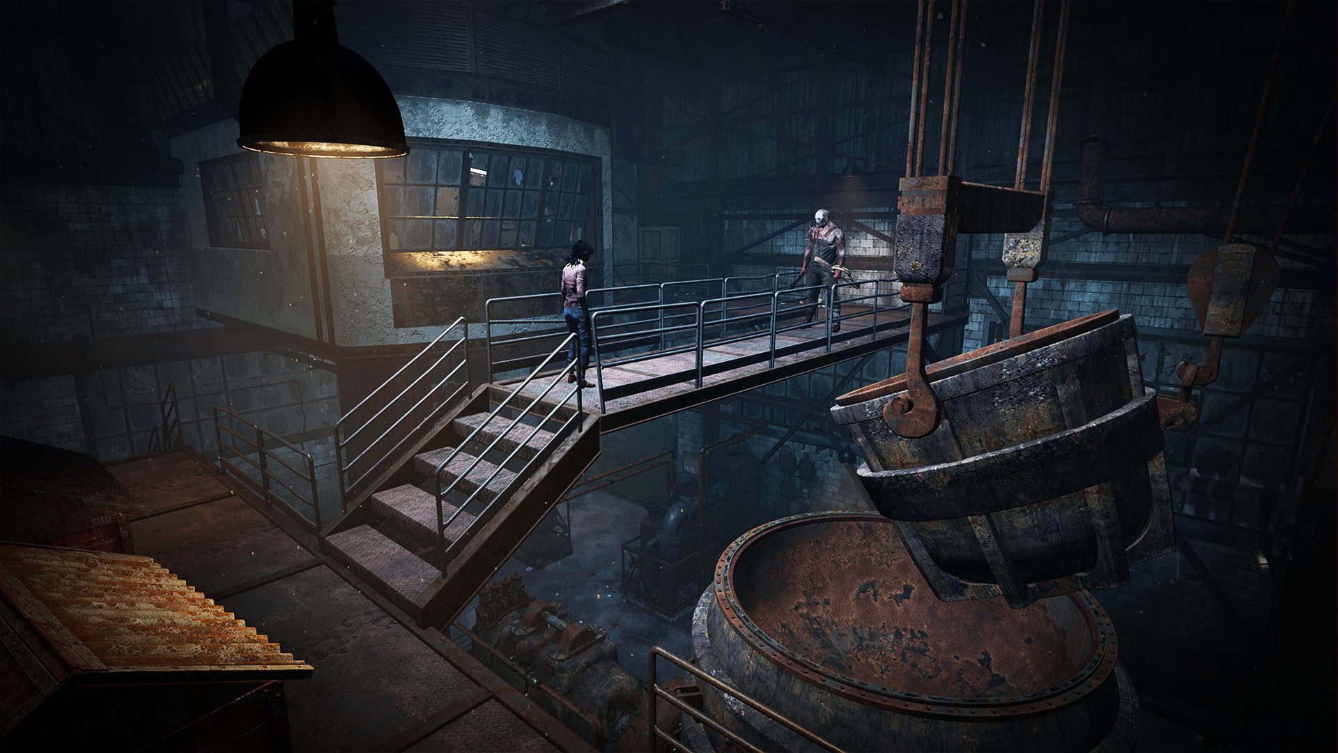 Dead by Daylight screenshot showing Claudette facing the Trapper