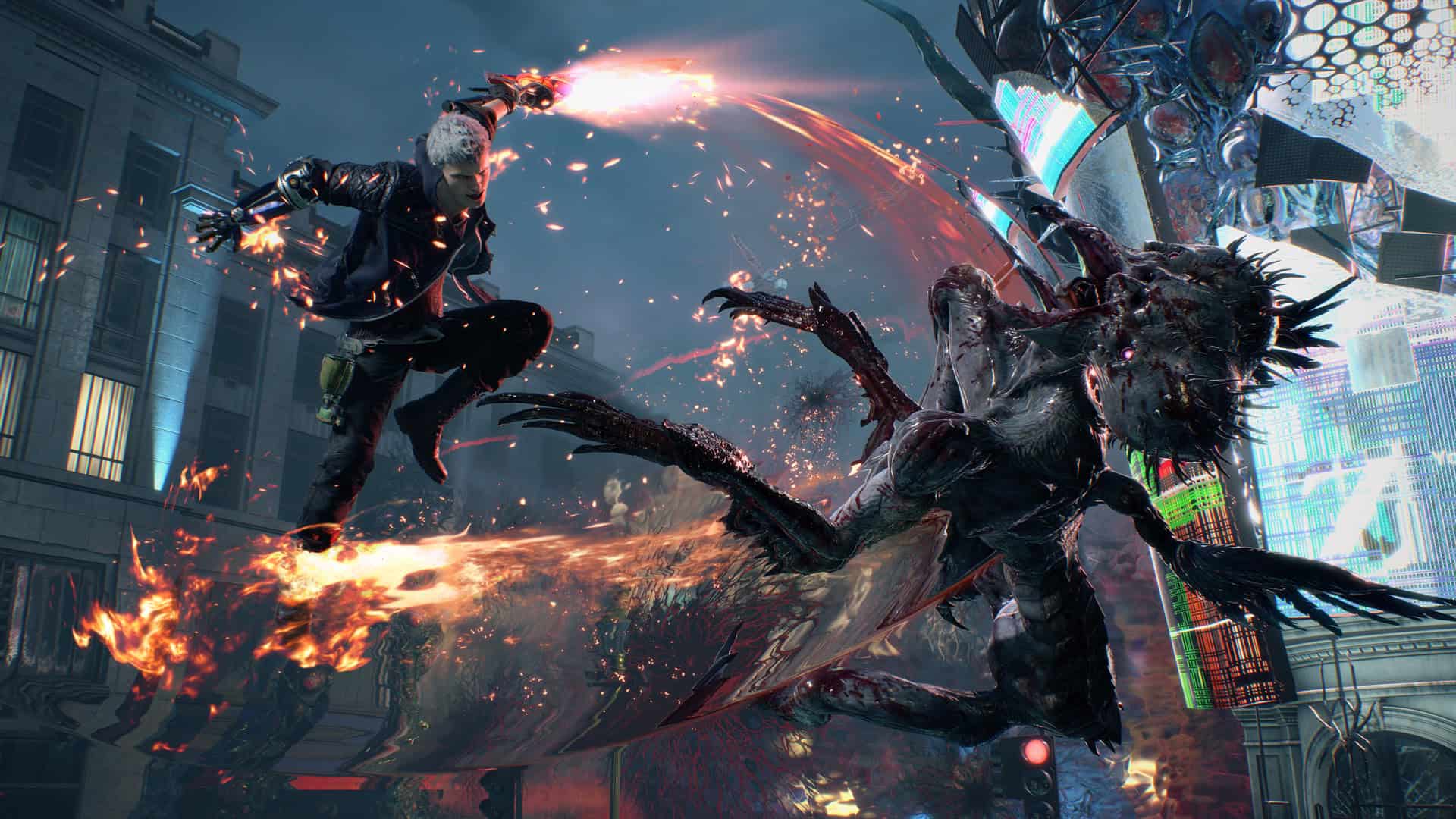 Devil May Cry 5 screenshot with a character slicing a demon in the air