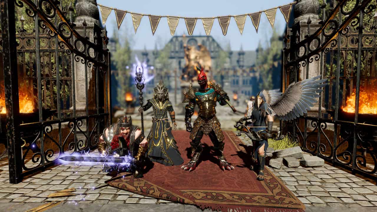 Divinity Original Sin 2 Switch 2 screenshot showing four party members posing on a street