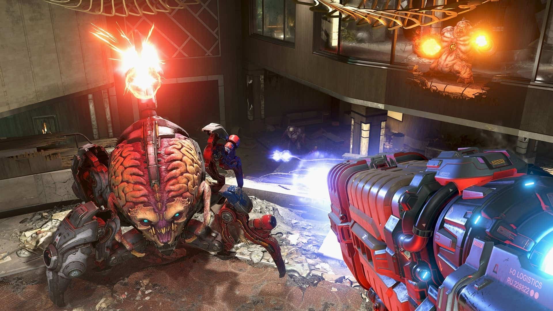 A first person view of a gun pointed at a cyborg spider brain monster.