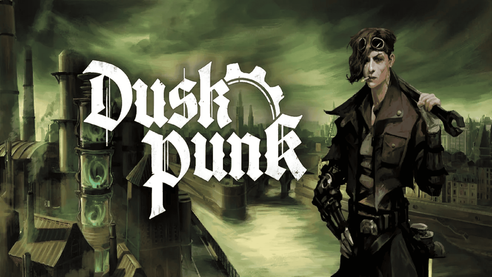 A gritty steampunk-inspired character with a cigarette, goggles, and mechanical arm over a dystopian cityscape.