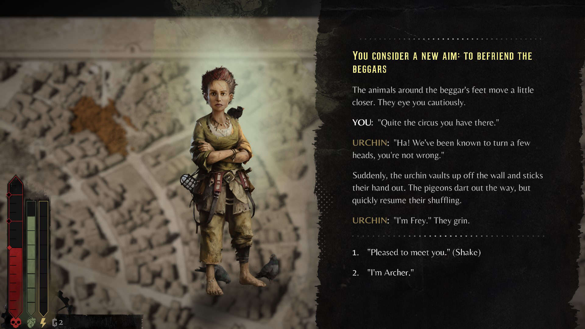 A young street urchin having a conversation with the main character.
